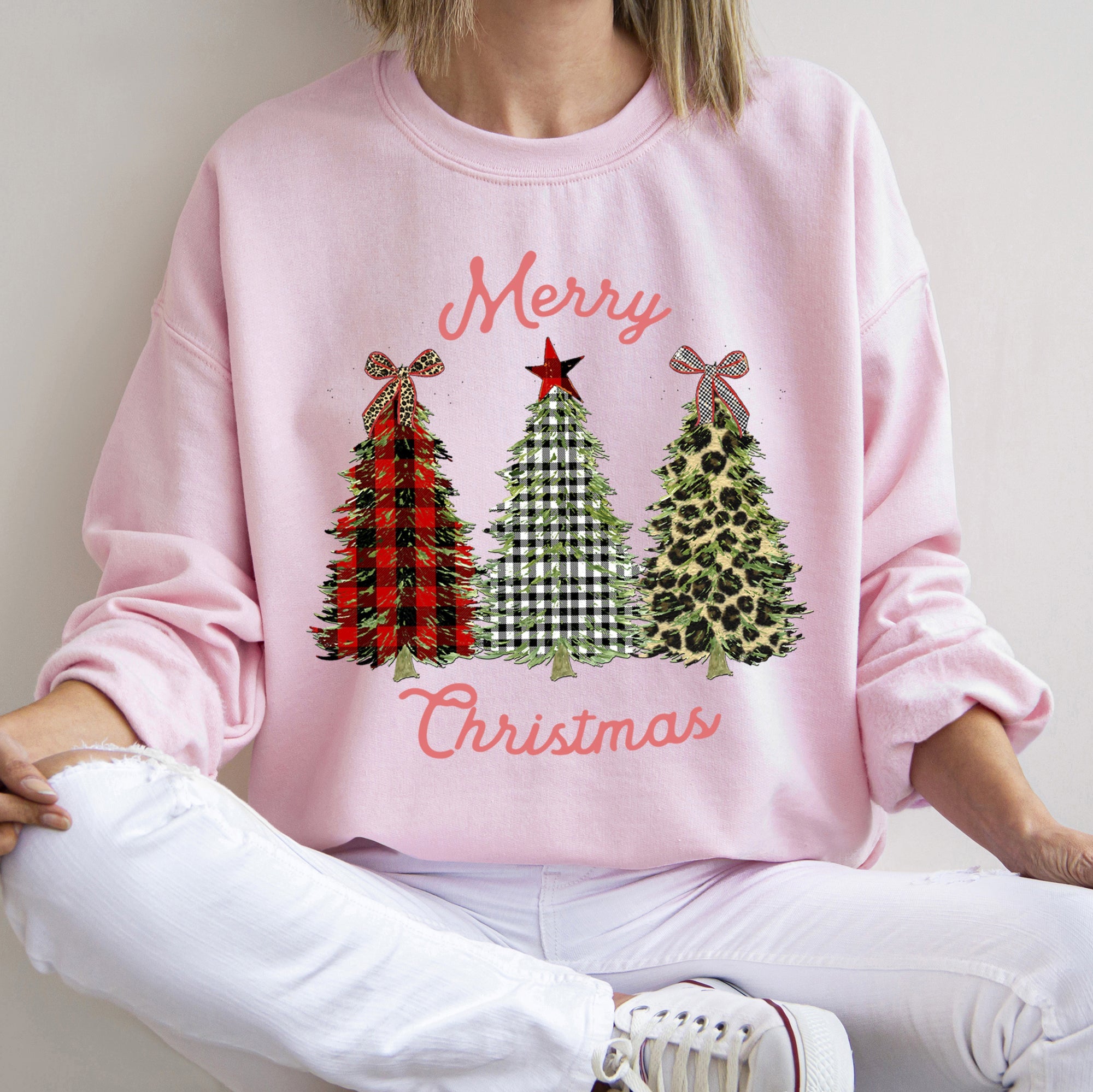 Merry Christmas, Leopard Print and Plaid Trees Seasonal Holiday Design Sweatshirt