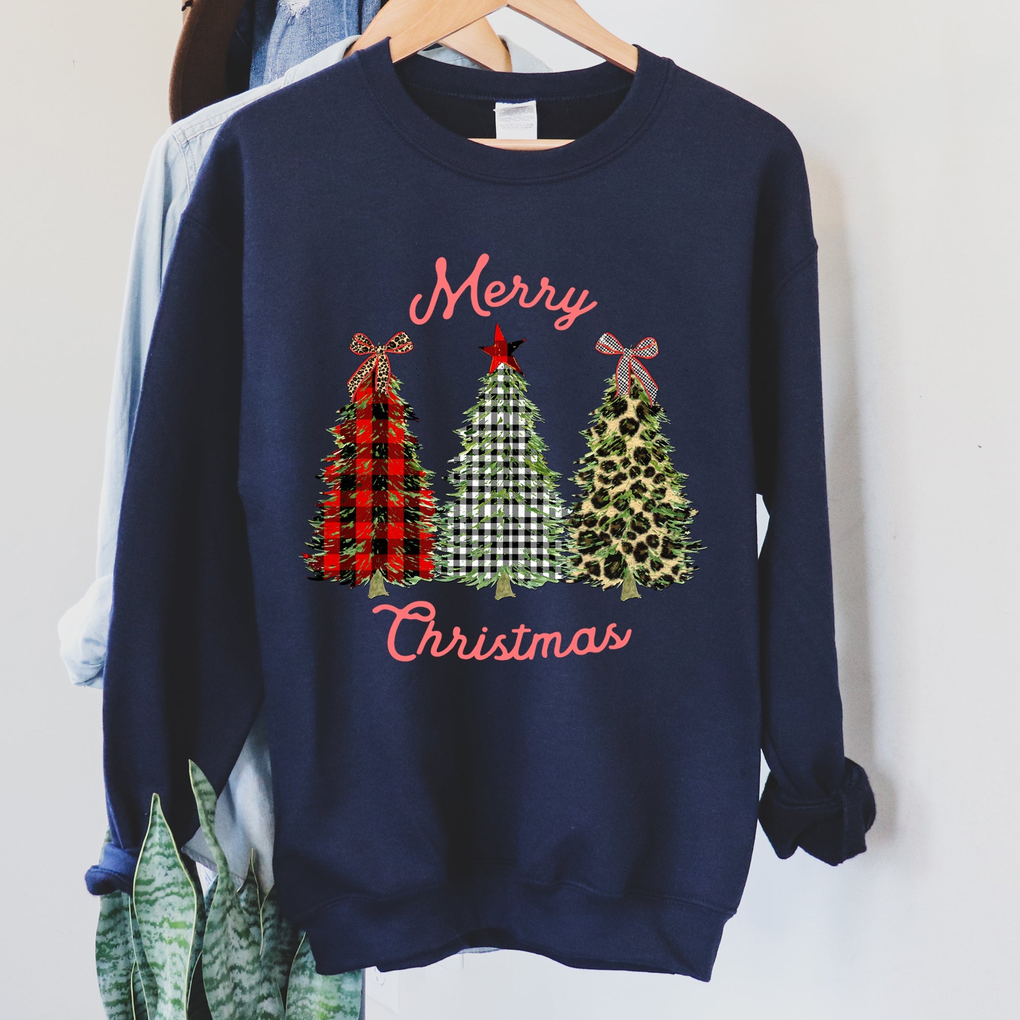 Merry Christmas, Leopard Print and Plaid Trees Seasonal Holiday Design Sweatshirt