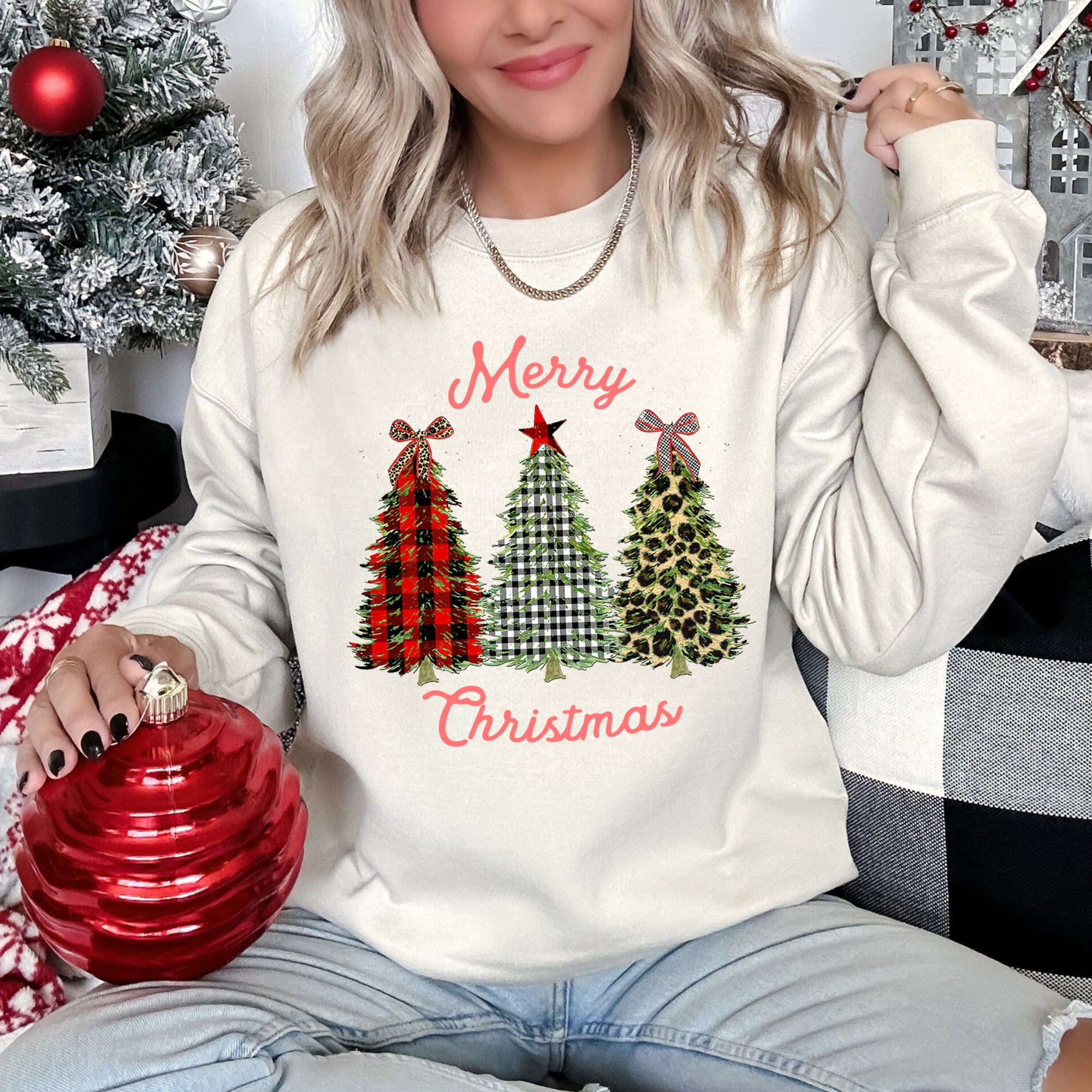 Merry Christmas, Leopard Print and Plaid Trees Seasonal Holiday Design Sweatshirt