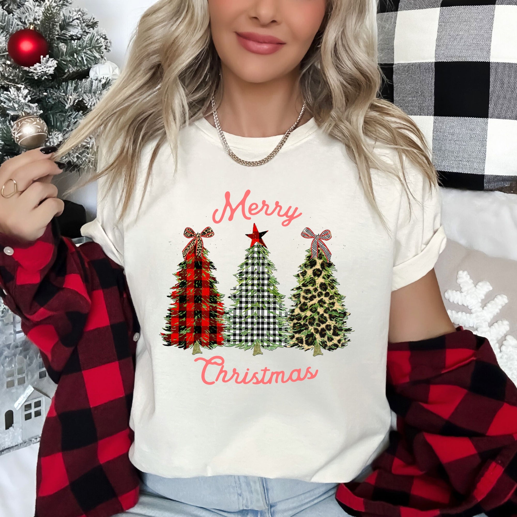 Merry Christmas Leopard Print And Plaid Trees With Ribbons Graphic Tee
