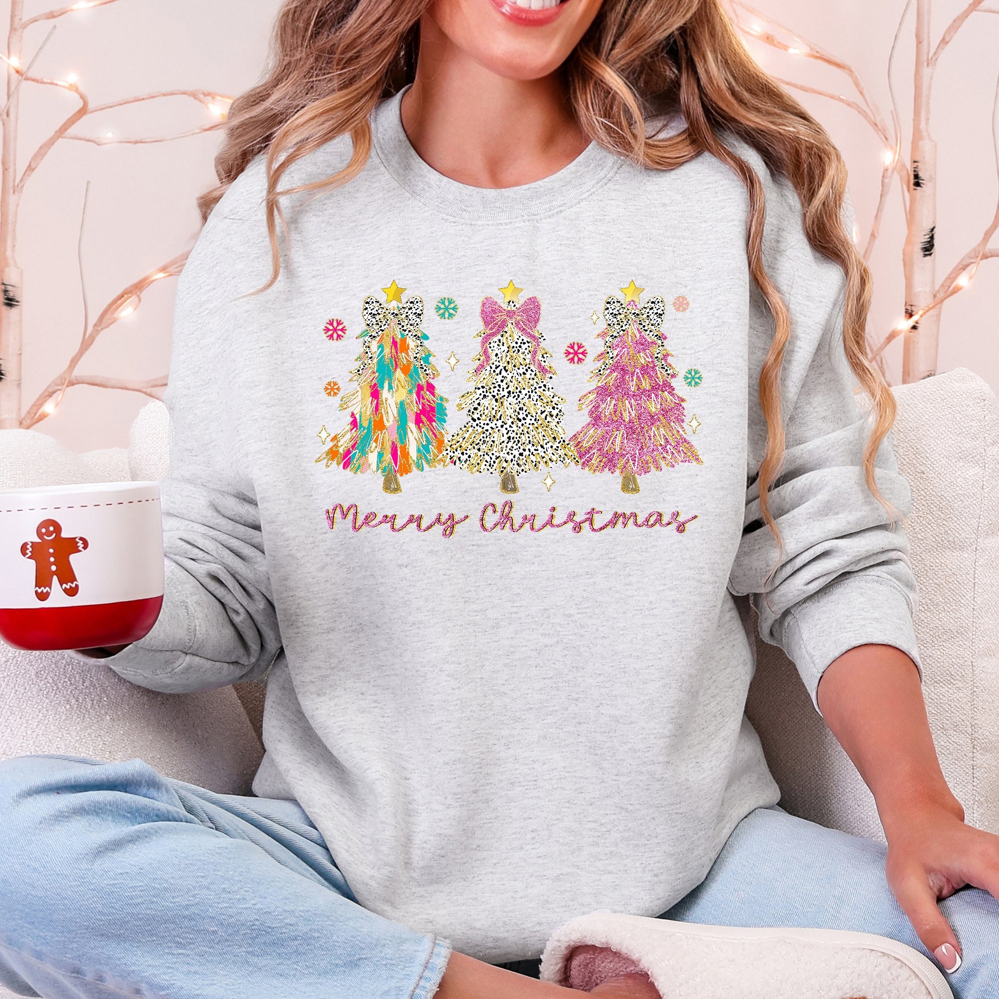 Merry Christmas Pastel Christmas Trees Santa Colorful Painting Holiday Scene Sweatshirt