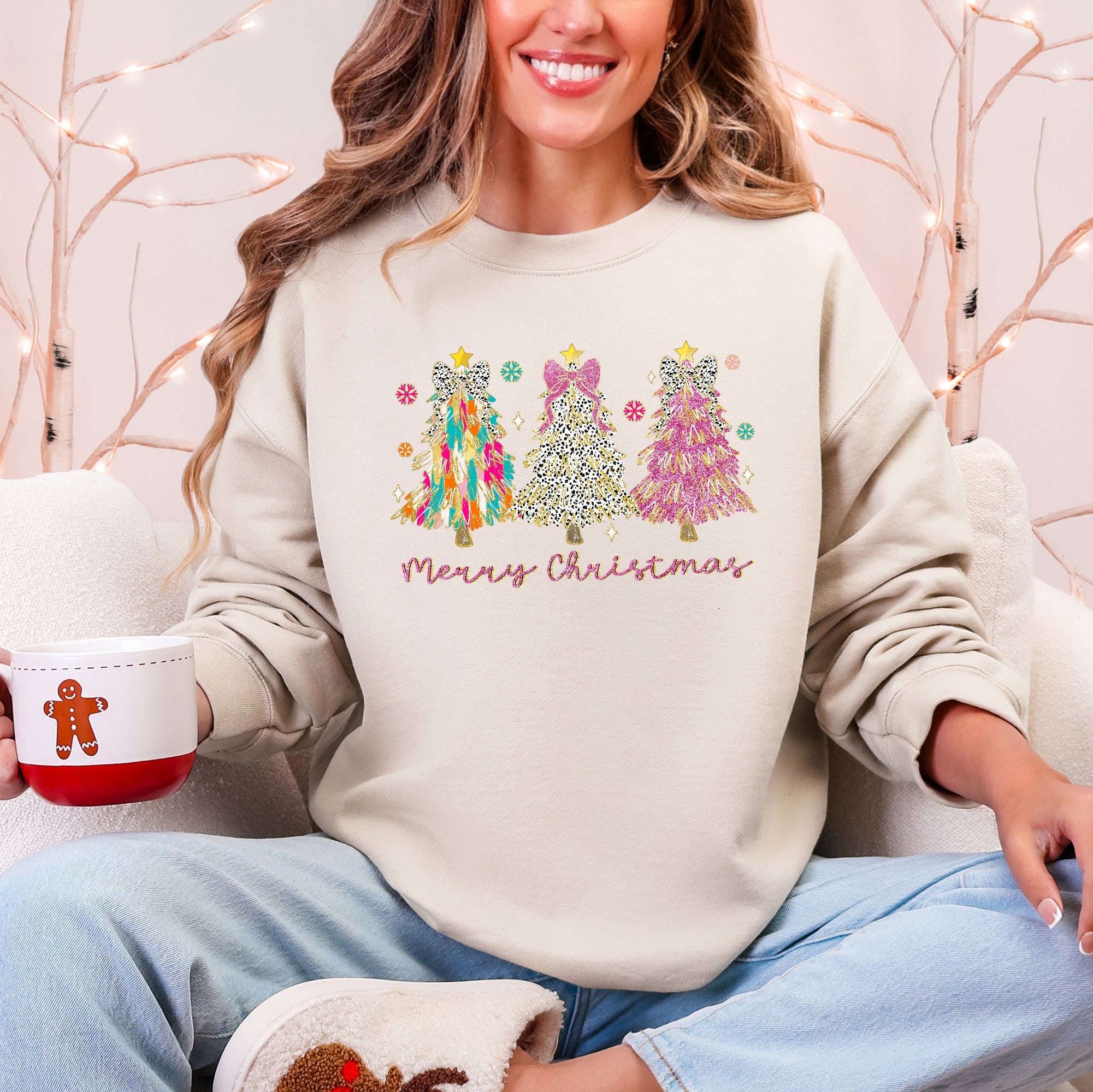 Merry Christmas Pastel Christmas Trees Santa Colorful Painting Holiday Scene Sweatshirt