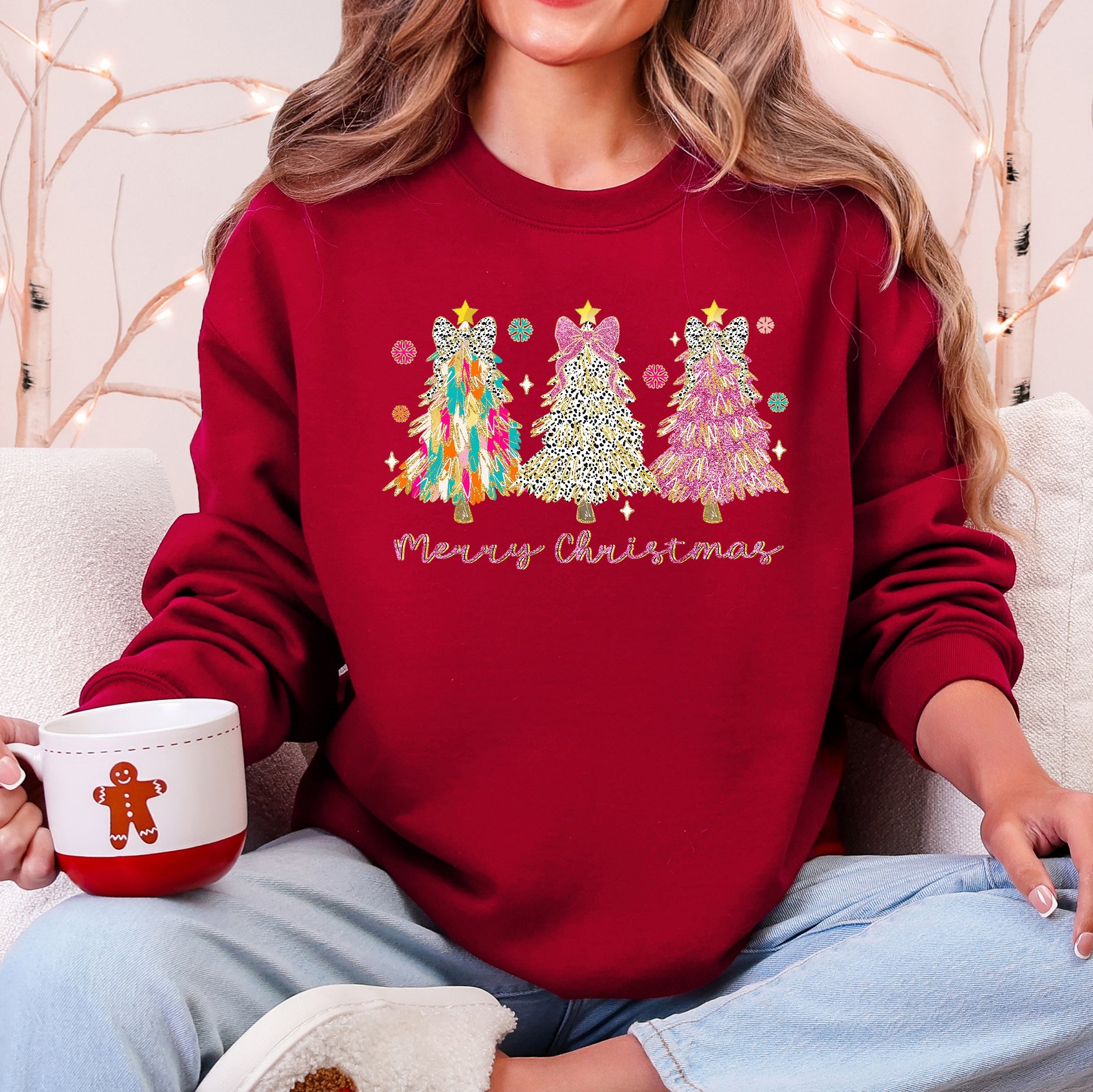 Merry Christmas Pastel Christmas Trees Santa Colorful Painting Holiday Scene Sweatshirt