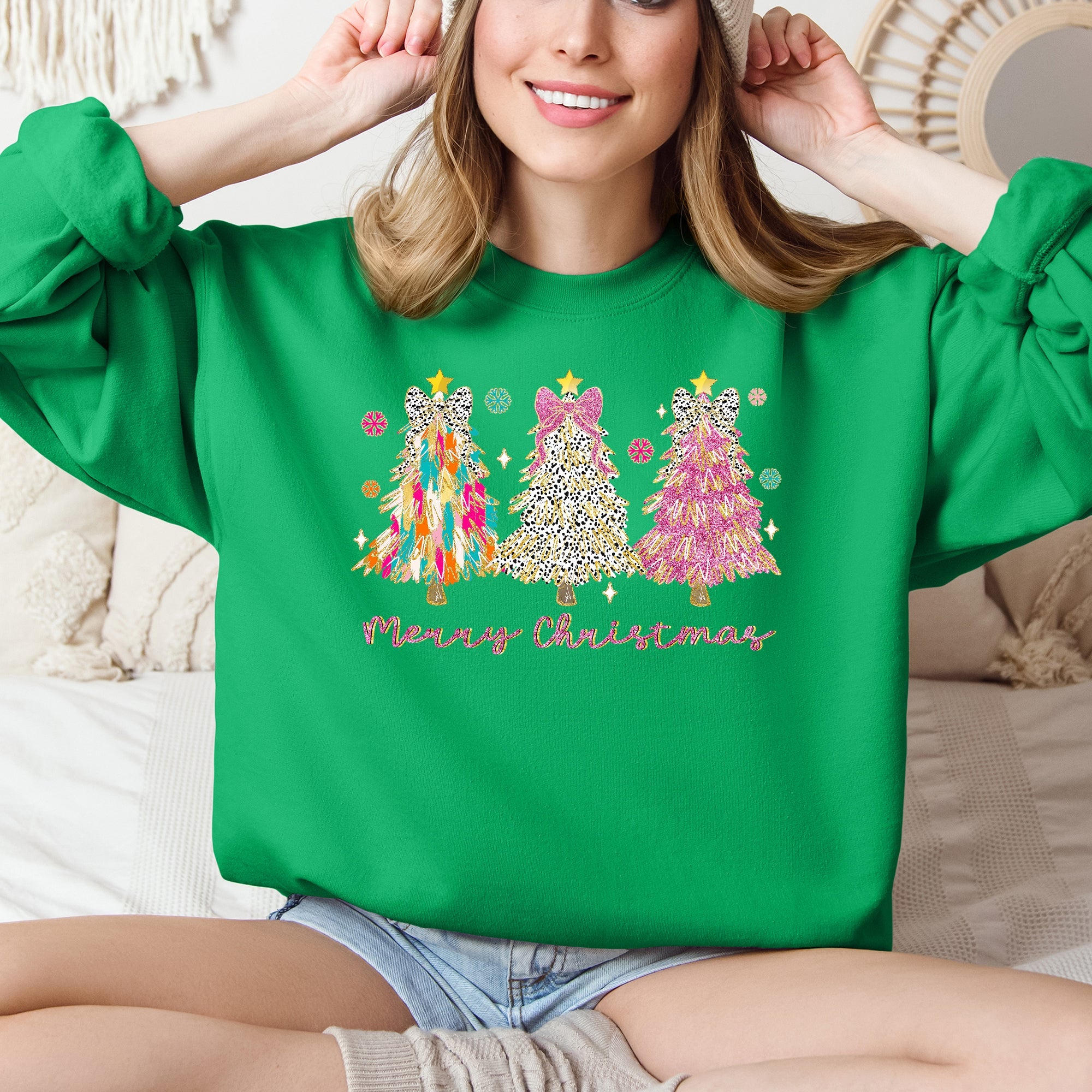 Merry Christmas Pastel Christmas Trees Santa Colorful Painting Holiday Scene Sweatshirt
