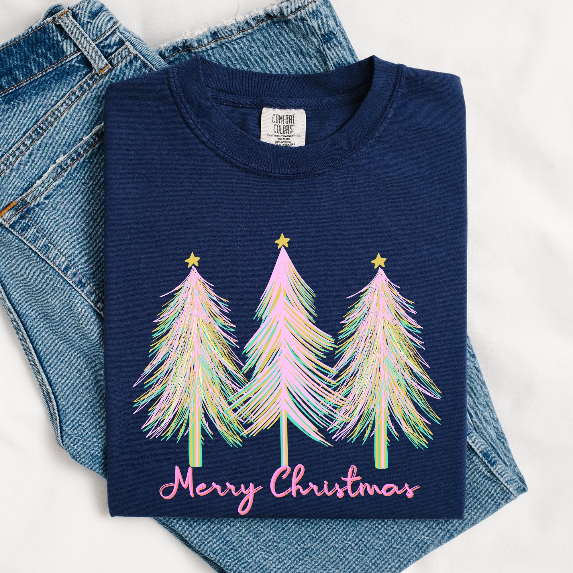Merry Christmas Pastel Trees Winter Santa Xmas Forest Village Scene Comfort Colors Tee