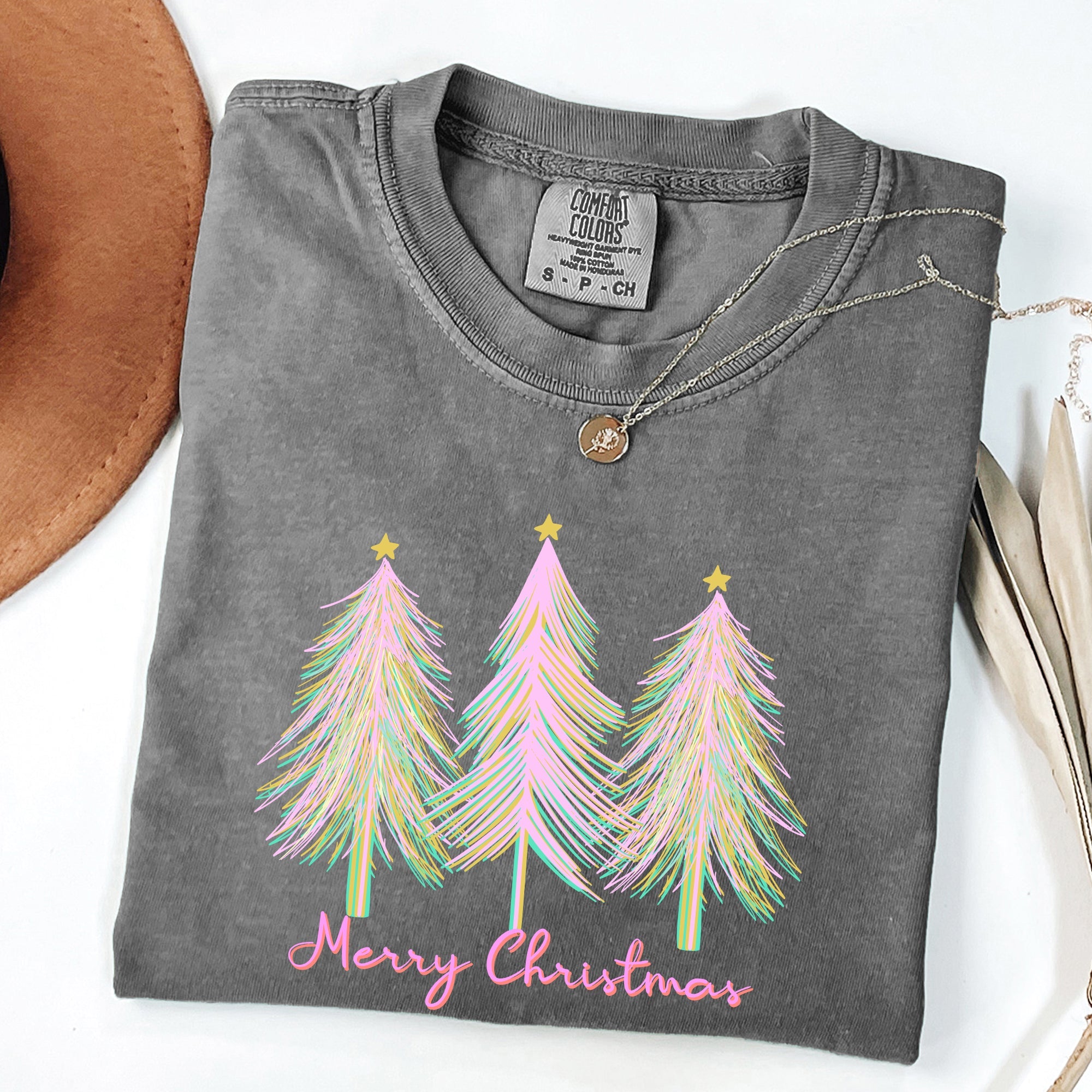 Merry Christmas Pastel Trees Winter Santa Xmas Forest Village Scene Comfort Colors Tee