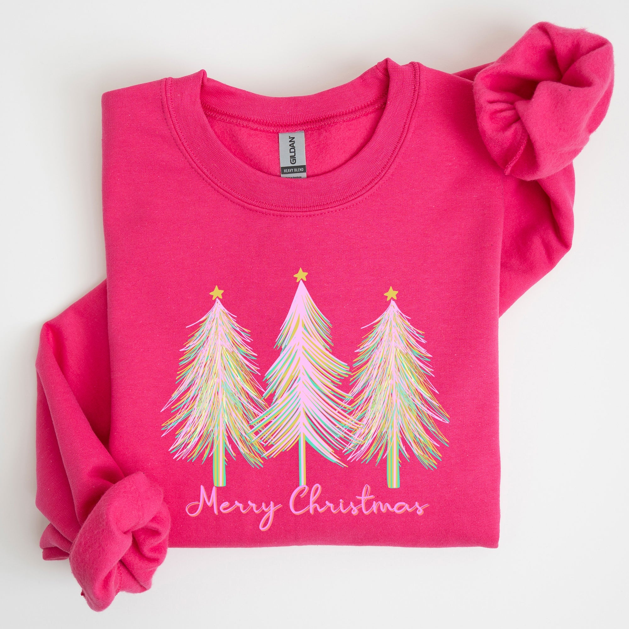 Merry Christmas Pastel Trees Winter Santa Xmas Seasonal Festive Cozy Graphic Sweatshirt