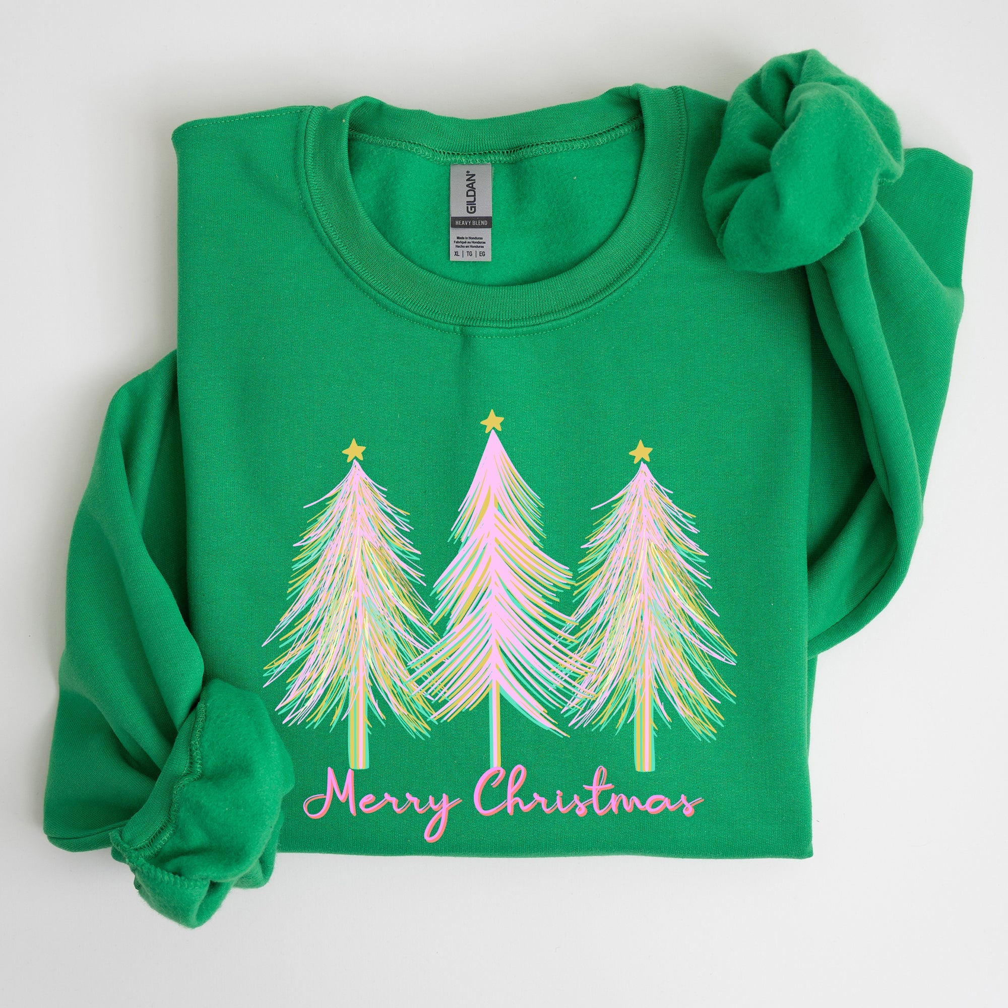 Merry Christmas Pastel Trees Winter Santa Xmas Seasonal Festive Cozy Graphic Sweatshirt