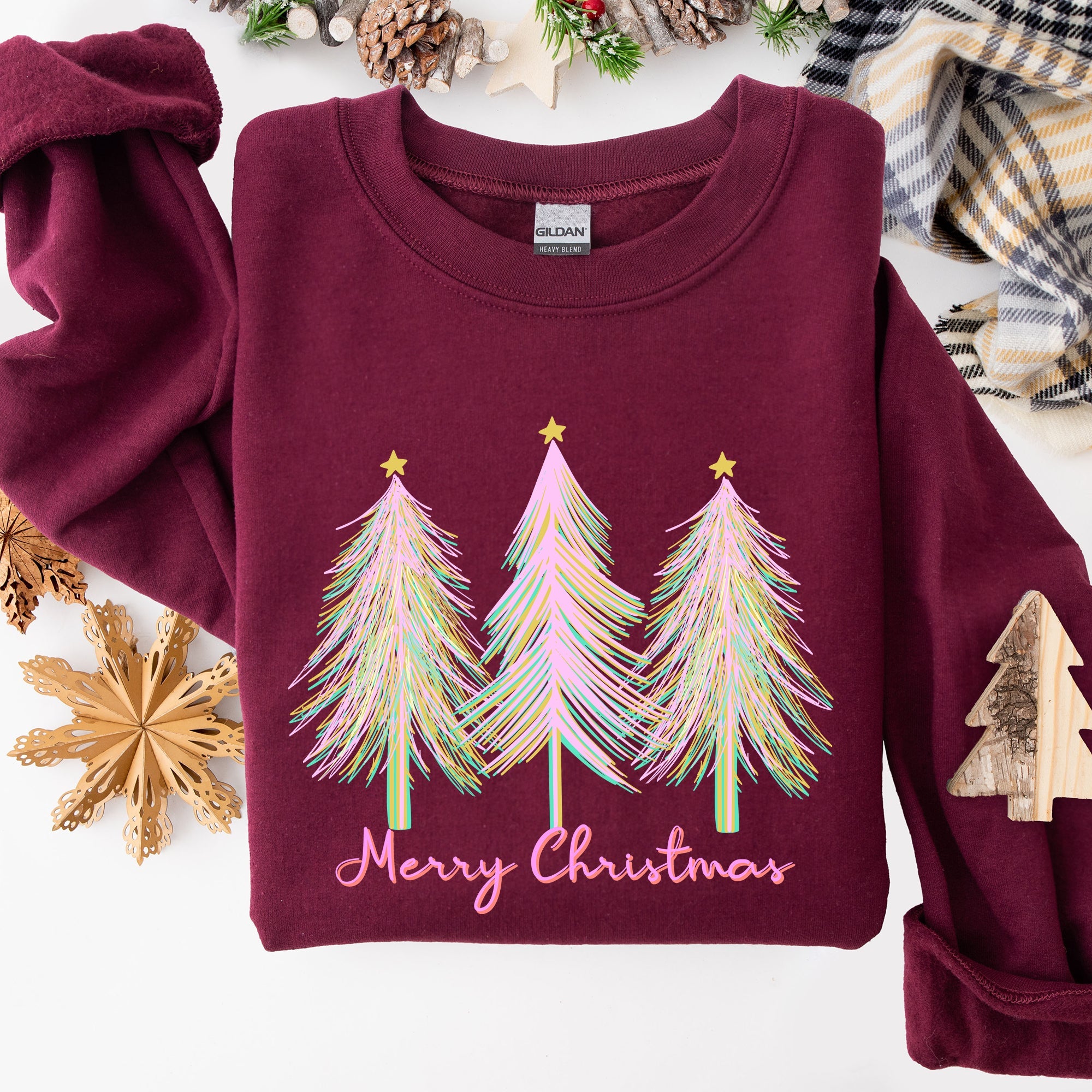 Merry Christmas Pastel Trees Winter Santa Xmas Seasonal Festive Cozy Graphic Sweatshirt