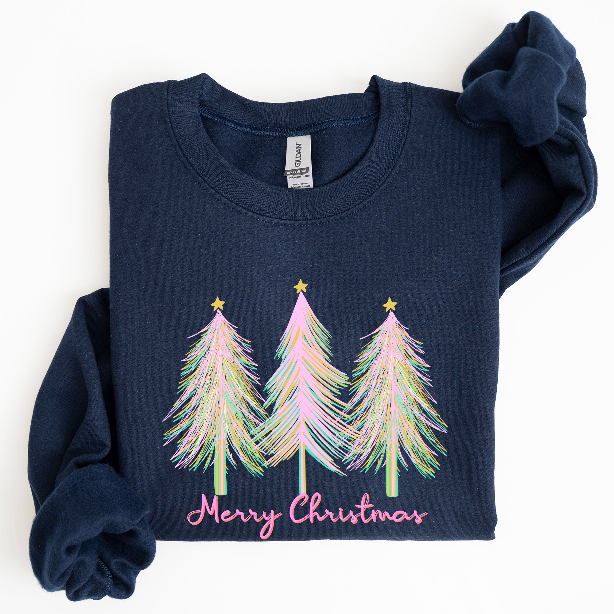 Merry Christmas Pastel Trees Winter Santa Xmas Seasonal Festive Cozy Graphic Sweatshirt