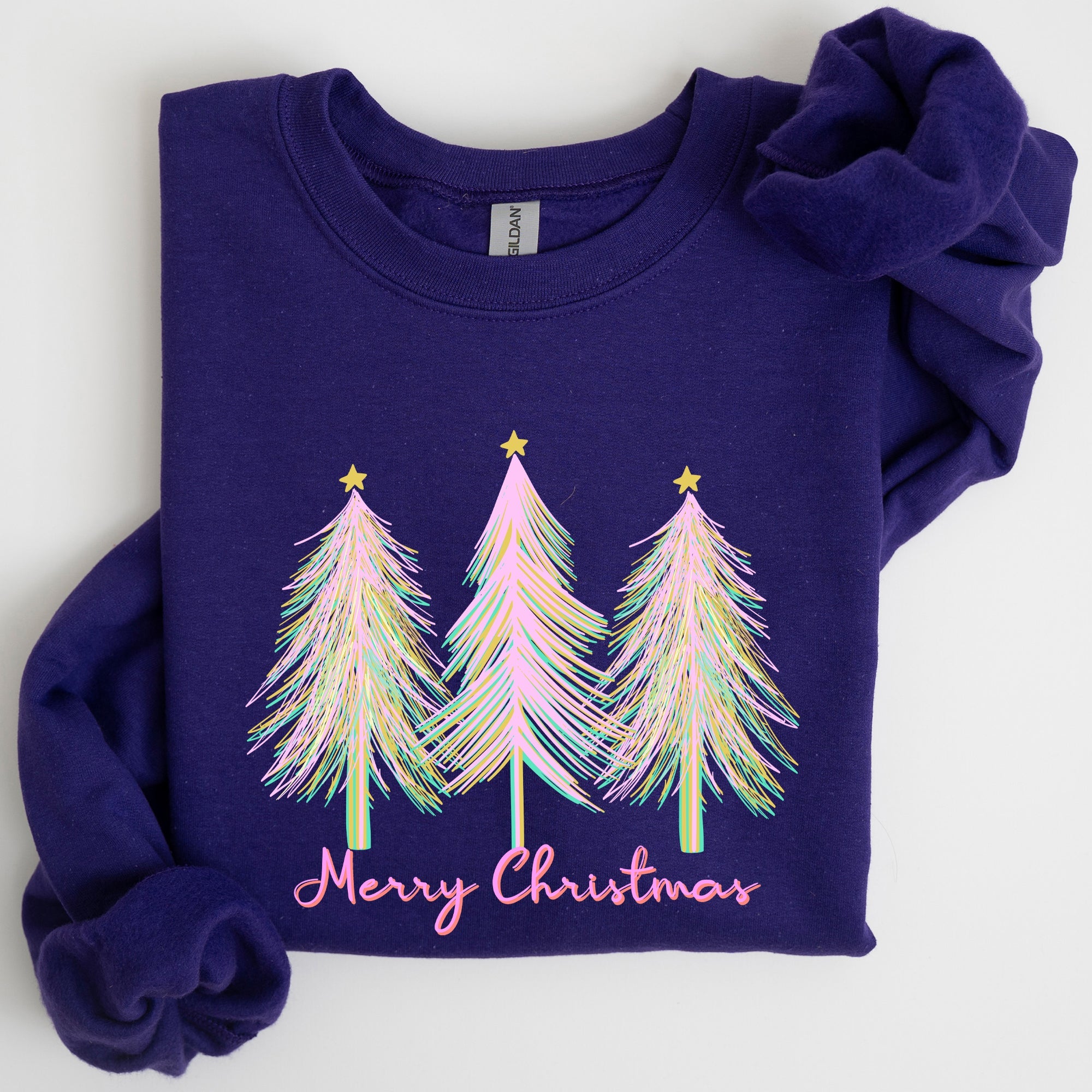 Merry Christmas Pastel Trees Winter Santa Xmas Seasonal Festive Cozy Graphic Sweatshirt