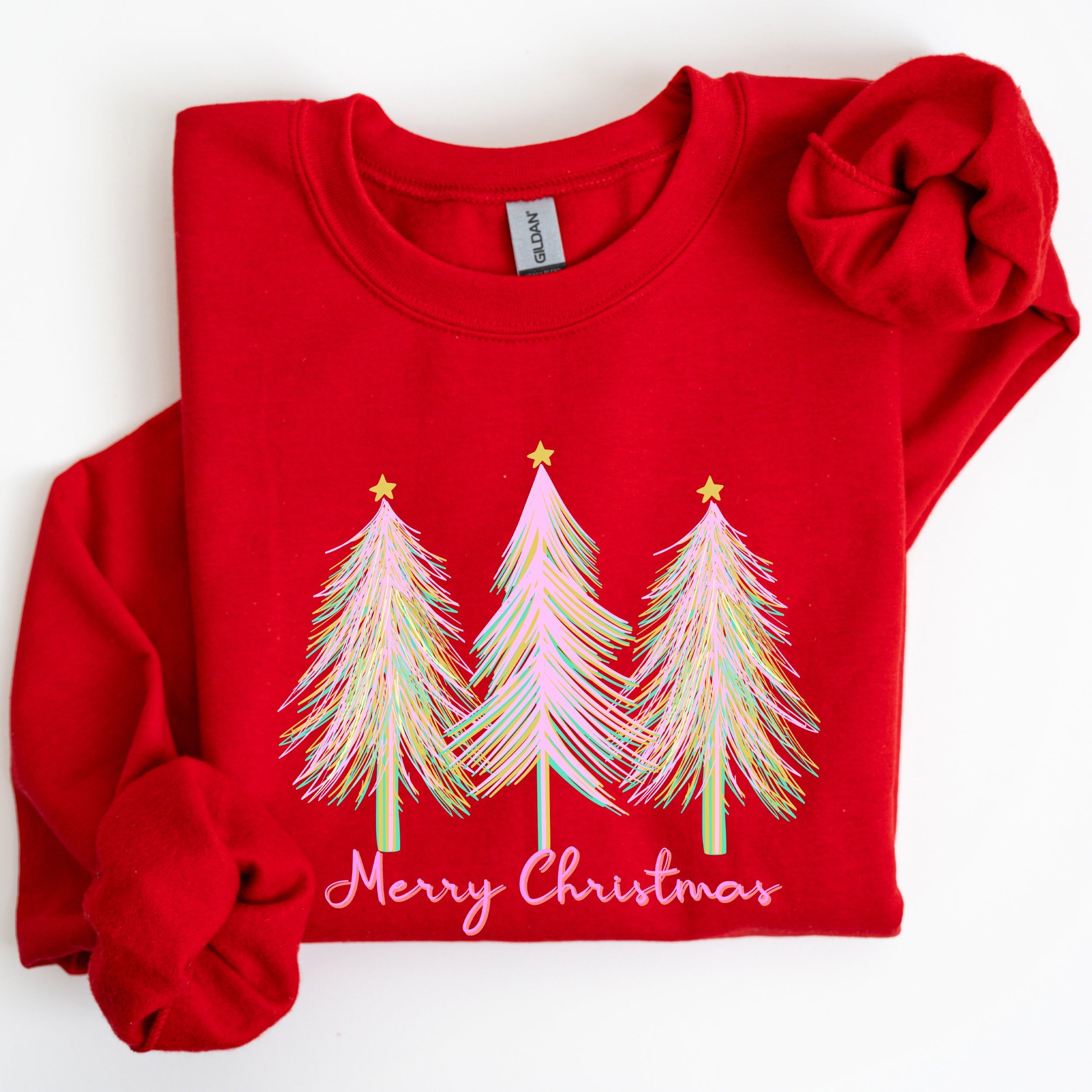 Merry Christmas Pastel Trees Winter Santa Xmas Seasonal Festive Cozy Graphic Sweatshirt