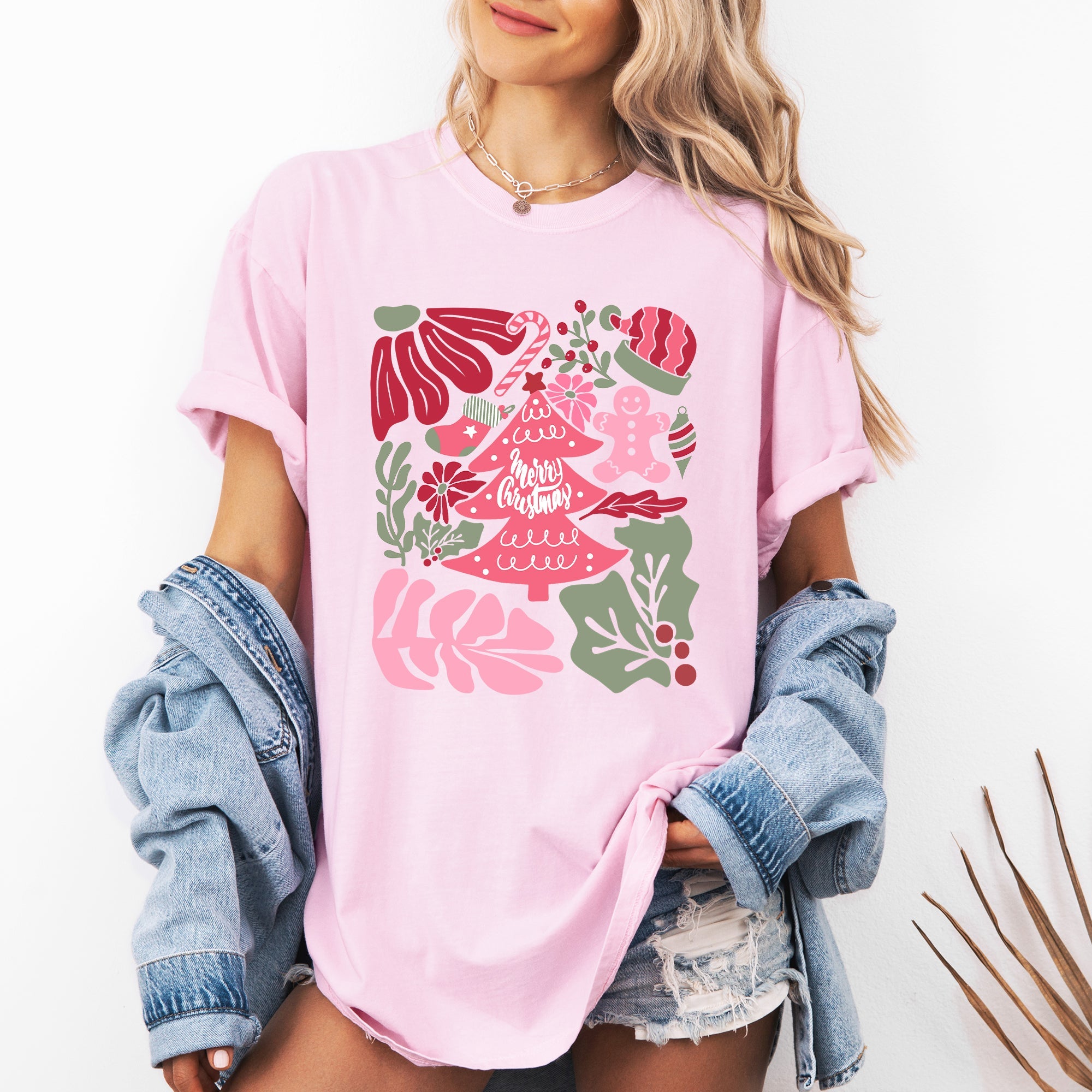 Merry Christmas Pink Floral Pattern With Elegant Holiday Garden Motif And Vintage Cheer Comfort Colors Tee