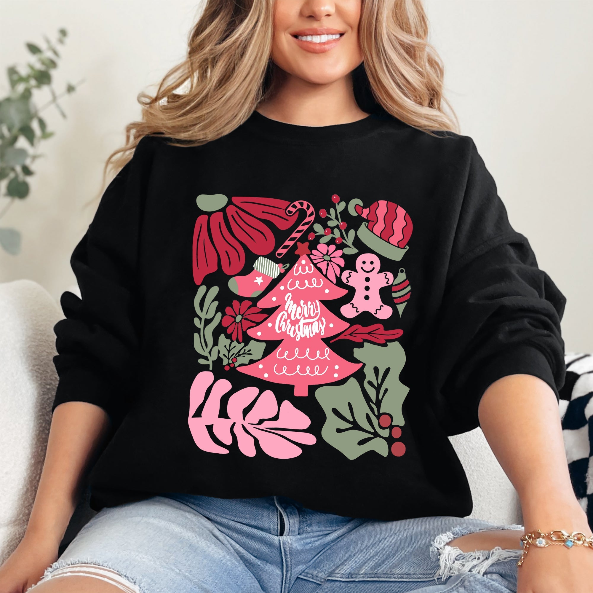 Merry Christmas Pink Floral Festive Garden Bouquets With Winter Snowflakes And Holiday Cheer Sweatshirt