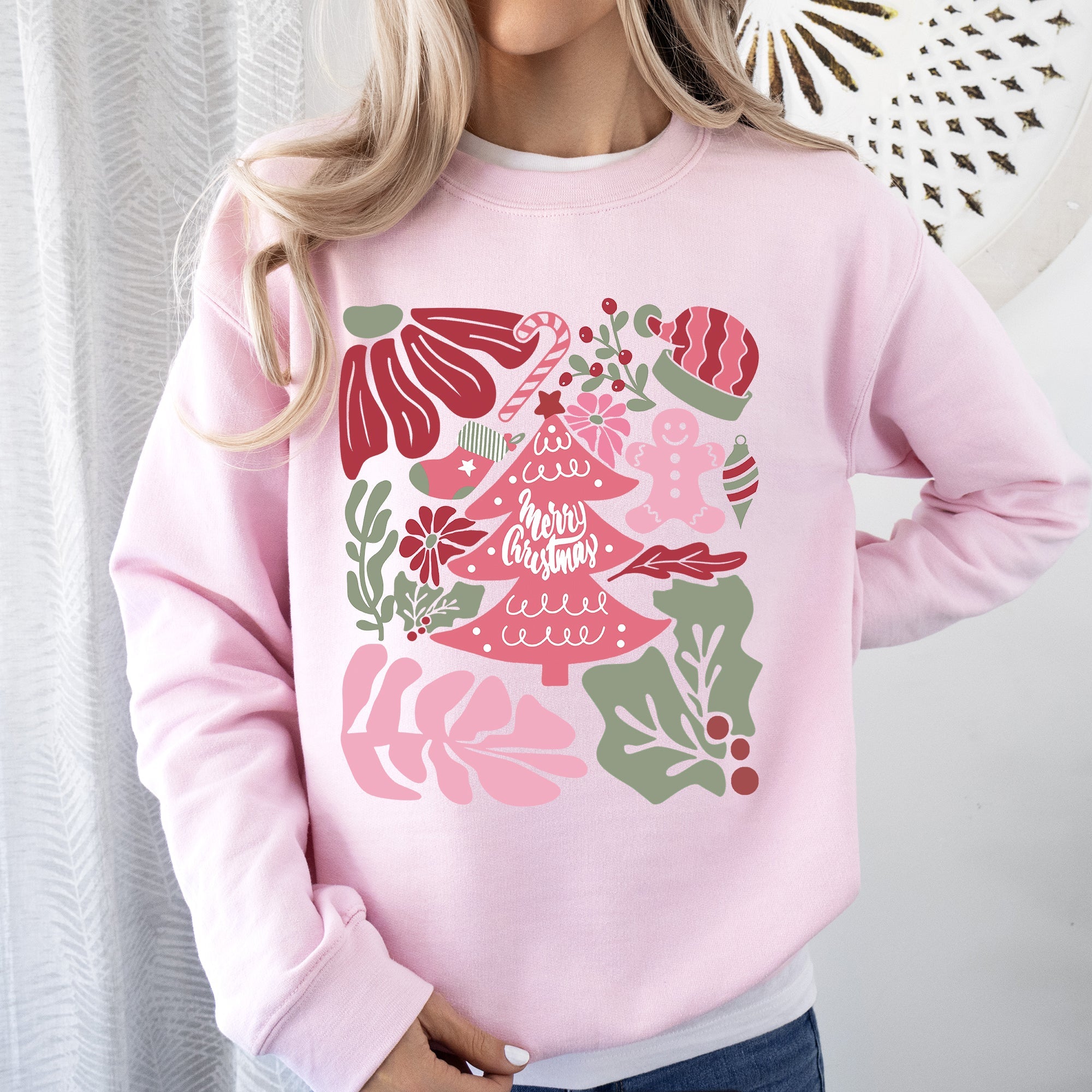 Merry Christmas Pink Floral Festive Garden Bouquets With Winter Snowflakes And Holiday Cheer Sweatshirt
