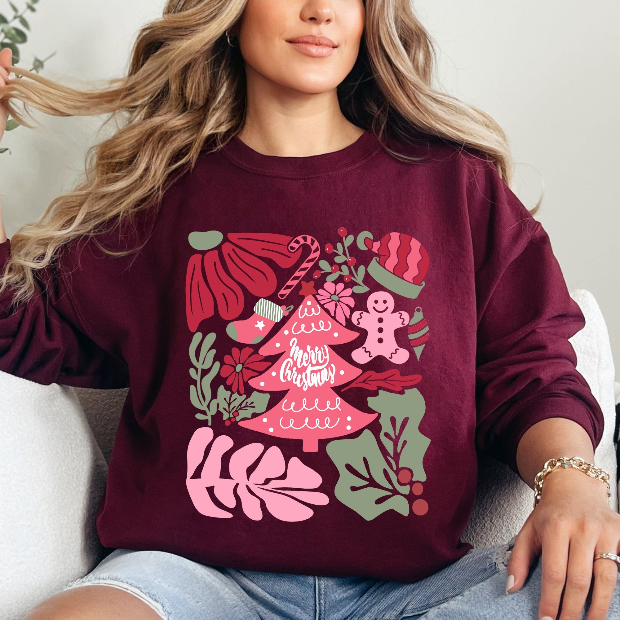 Merry Christmas Pink Floral Festive Garden Bouquets With Winter Snowflakes And Holiday Cheer Sweatshirt