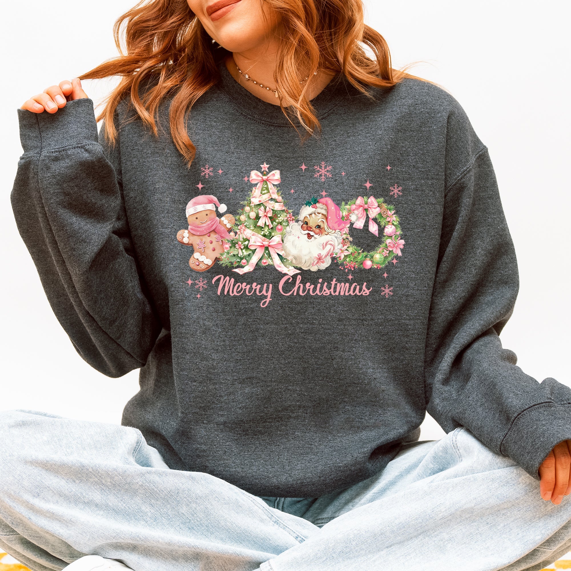 Merry Christmas Pink Santa Gingerbread Man Snowflakes Festive Graphic Sweatshirt