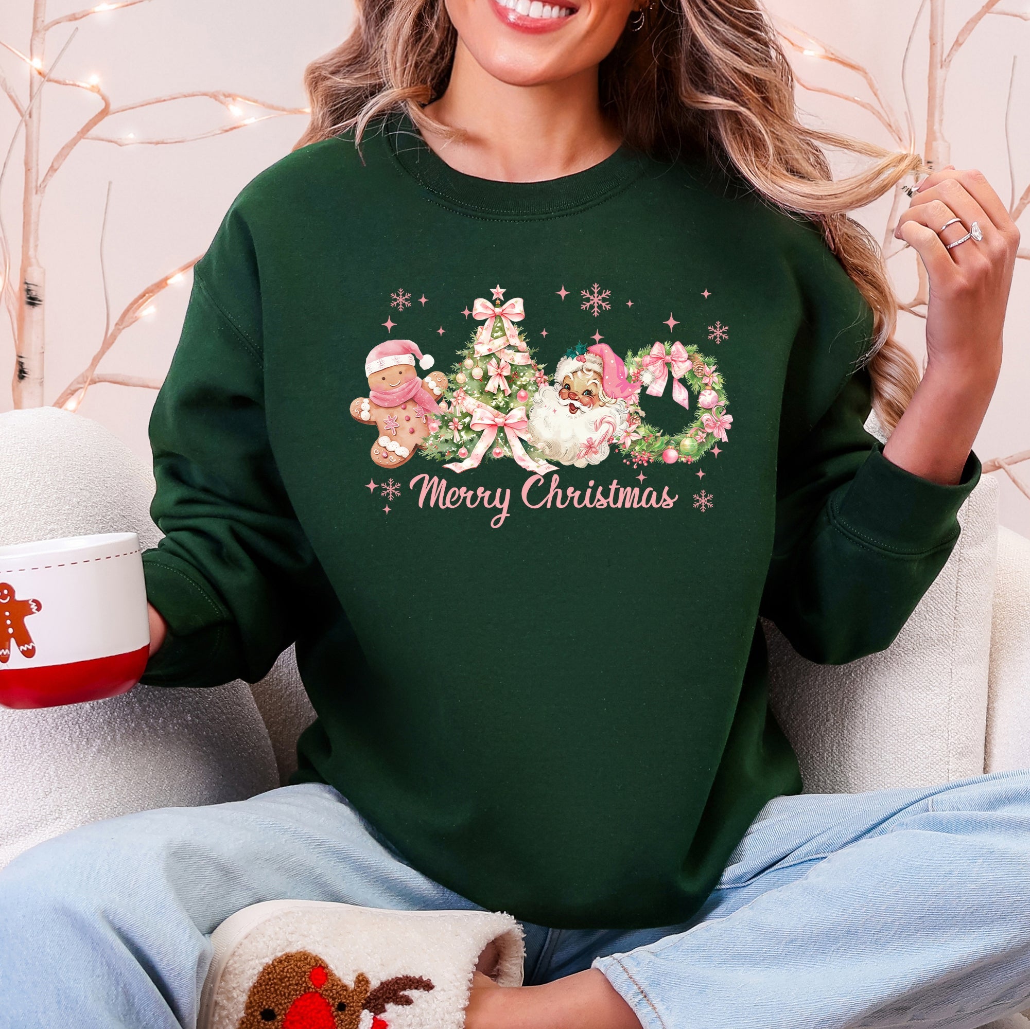 Merry Christmas Pink Santa Gingerbread Man Snowflakes Festive Graphic Sweatshirt