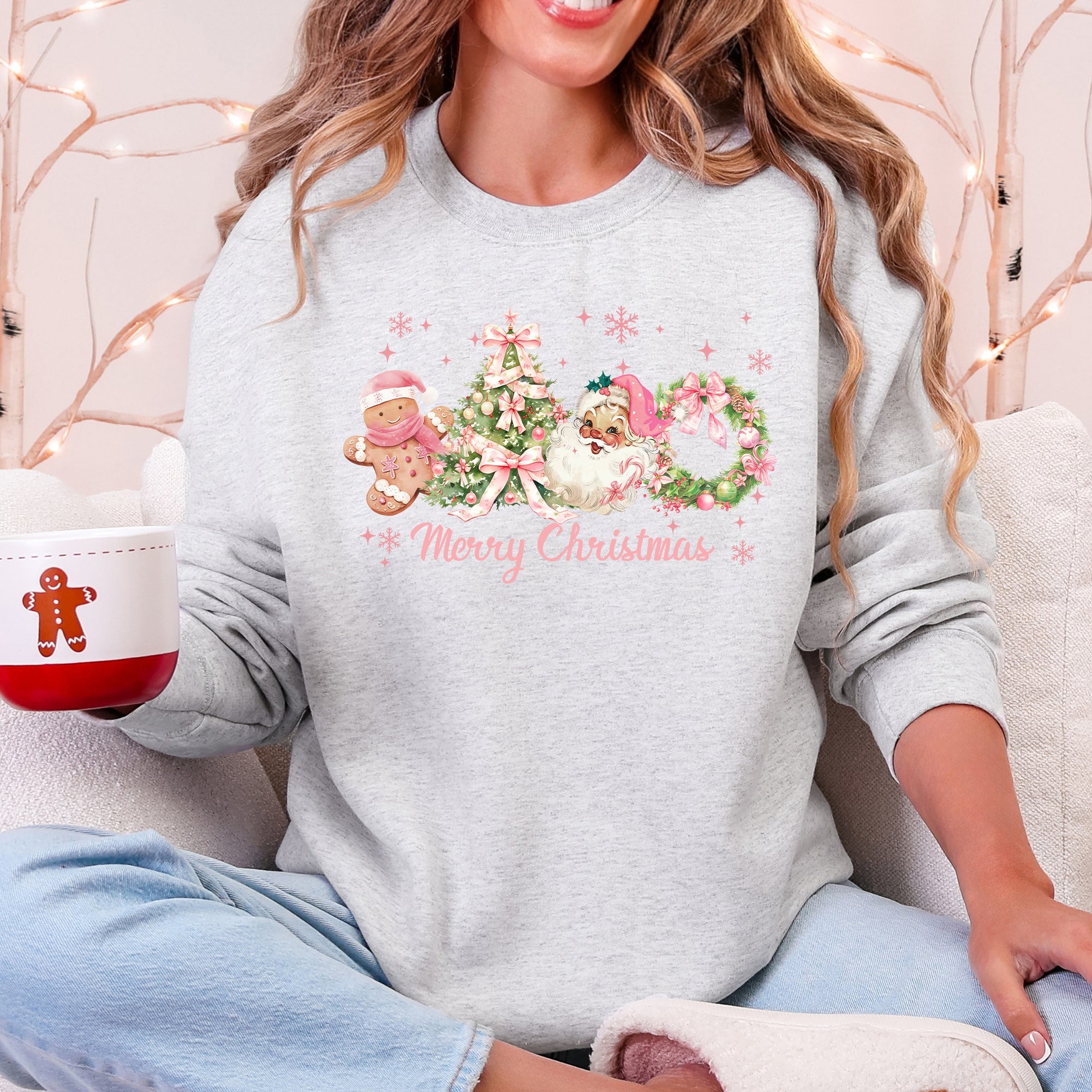 Merry Christmas Pink Santa Gingerbread Man Snowflakes Festive Graphic Sweatshirt