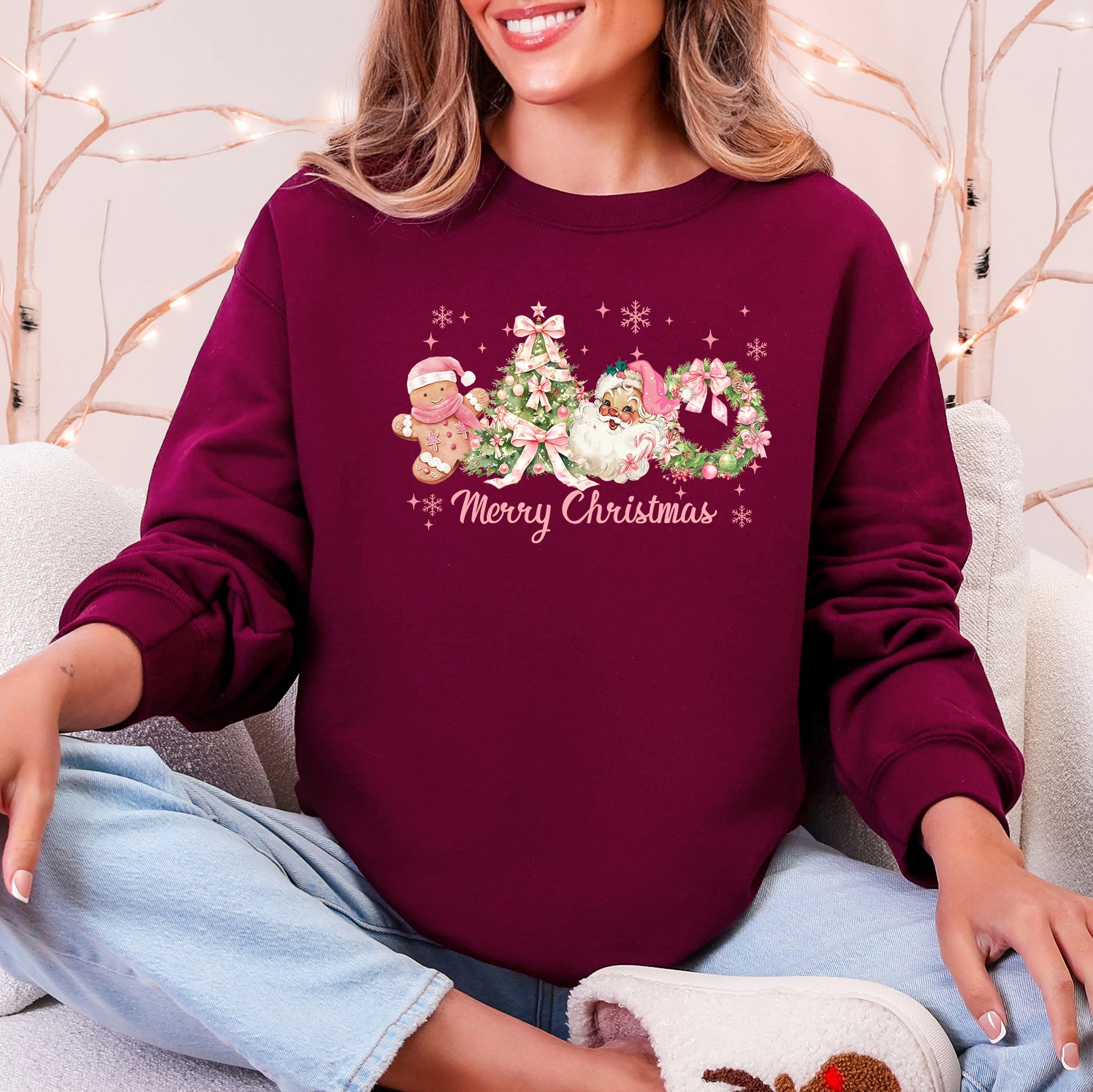 Merry Christmas Pink Santa Gingerbread Man Snowflakes Festive Graphic Sweatshirt