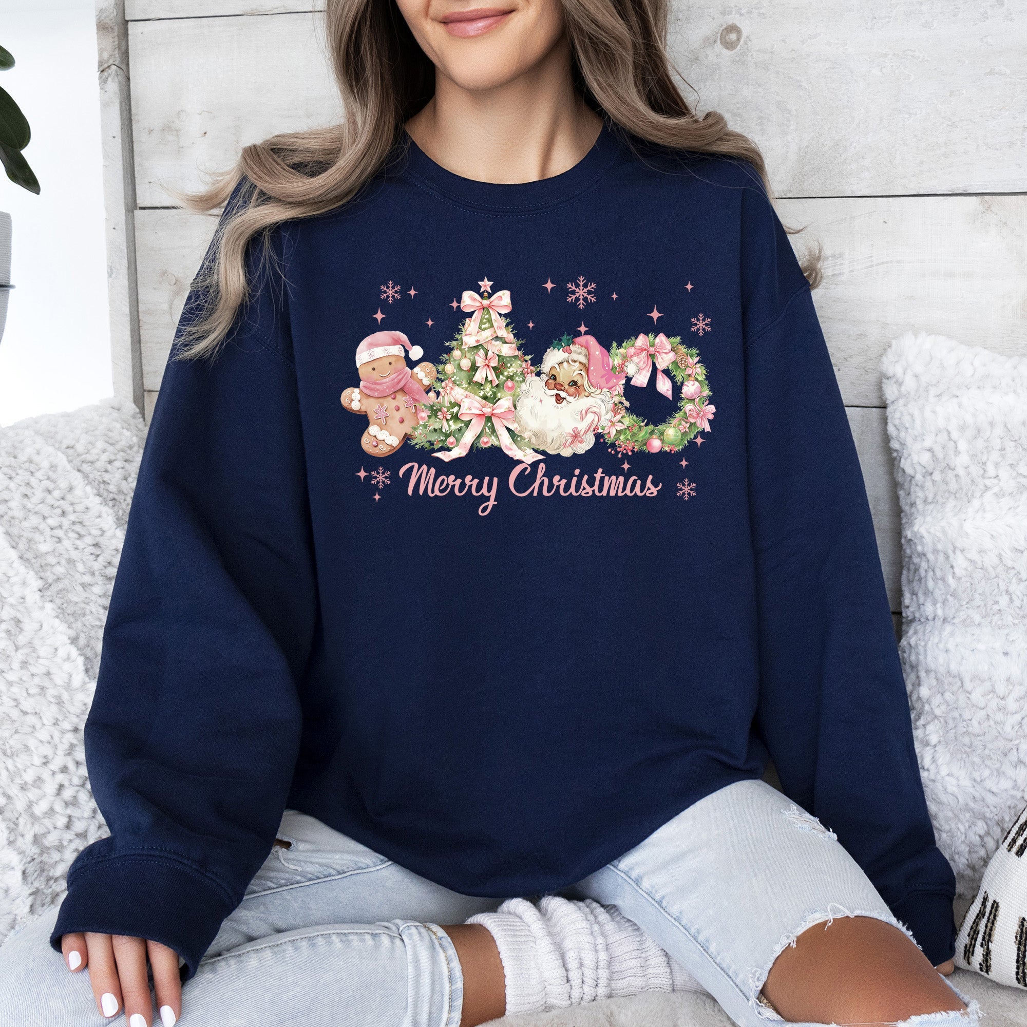 Merry Christmas Pink Santa Gingerbread Man Snowflakes Festive Graphic Sweatshirt