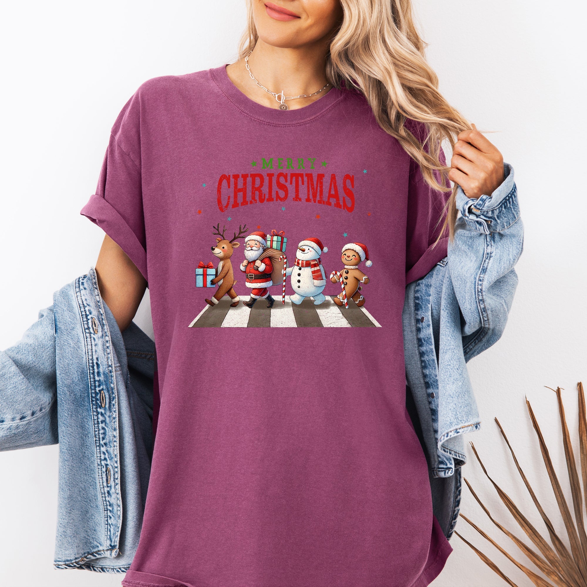 Merry Christmas Reindeer Santa Snowman Gingerbread Xmas Holiday Scene Comfort Colors Tee