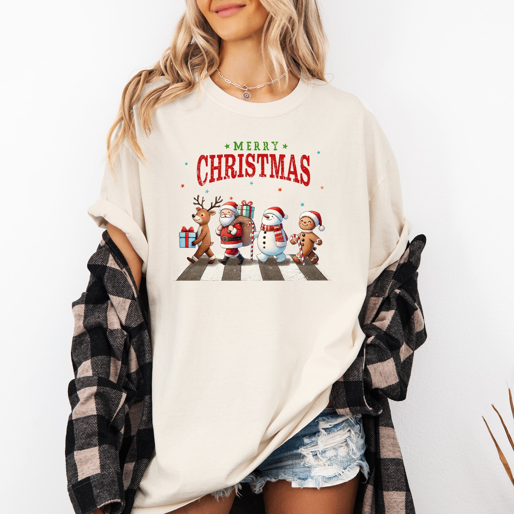 Merry Christmas Reindeer Santa Snowman Gingerbread Xmas Holiday Scene Comfort Colors Tee