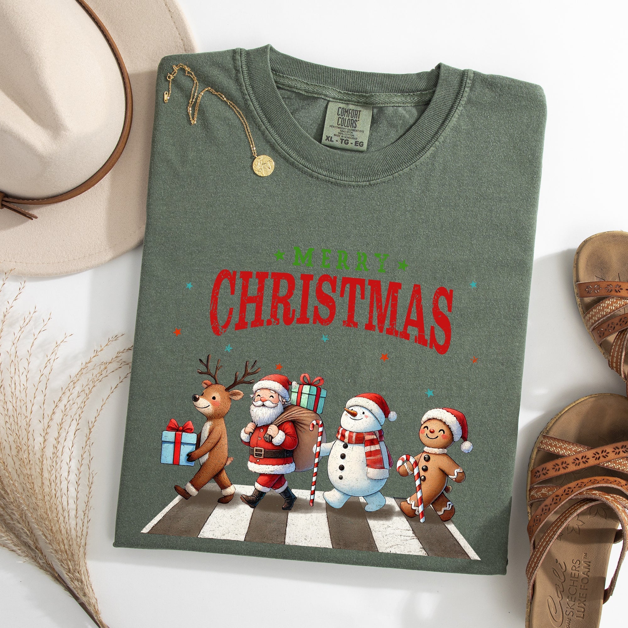 Merry Christmas Reindeer Santa Snowman Gingerbread Xmas Holiday Scene Comfort Colors Tee