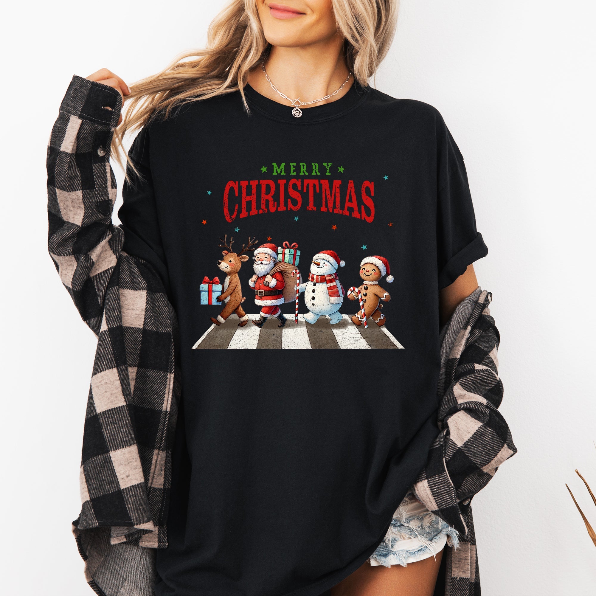 Merry Christmas Reindeer Santa Snowman Gingerbread Xmas Holiday Scene Comfort Colors Tee