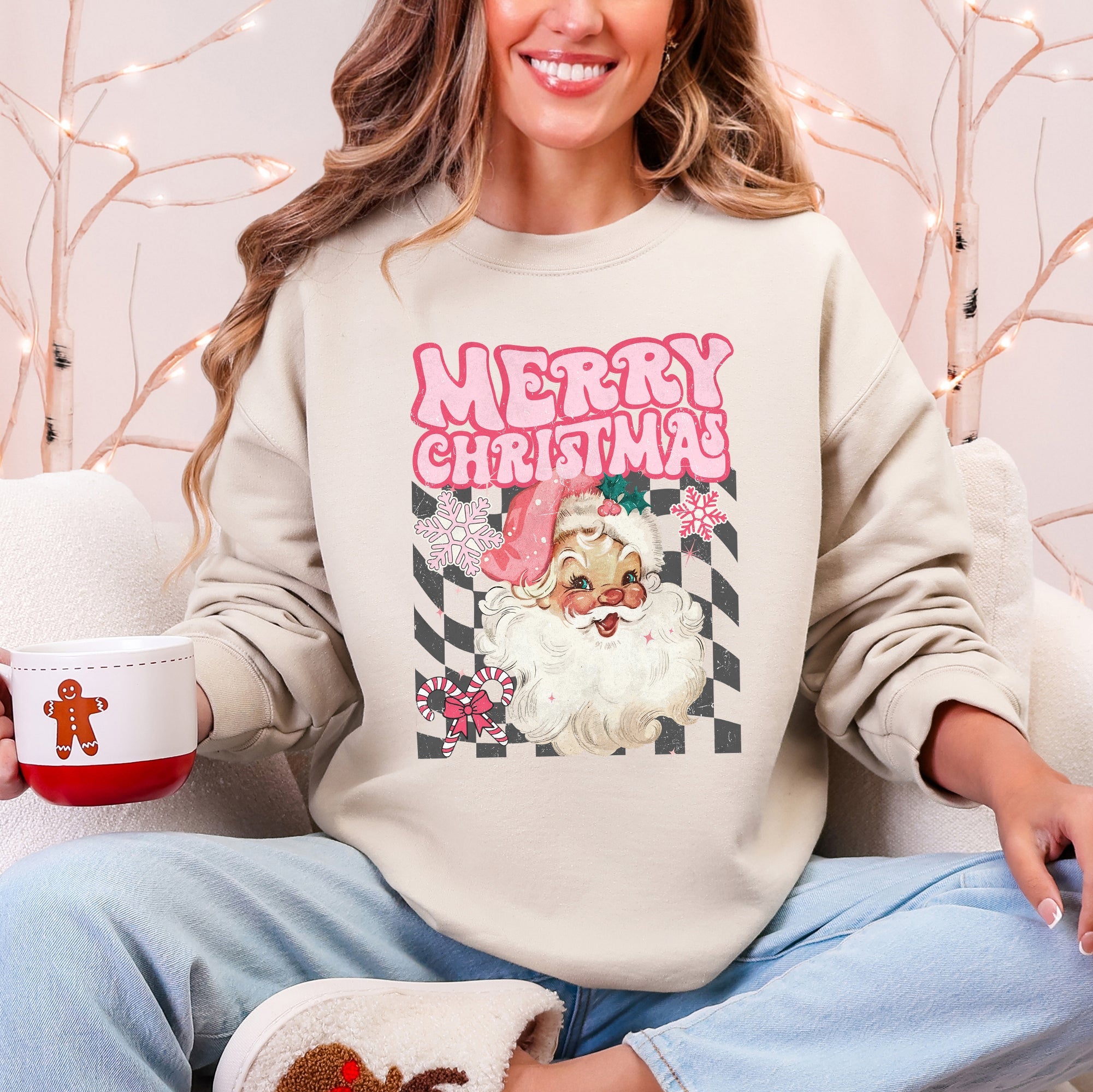Merry Christmas Retro Santa Checkered Vintage Holiday Edition Festive Cozy Classic Sweatshirt