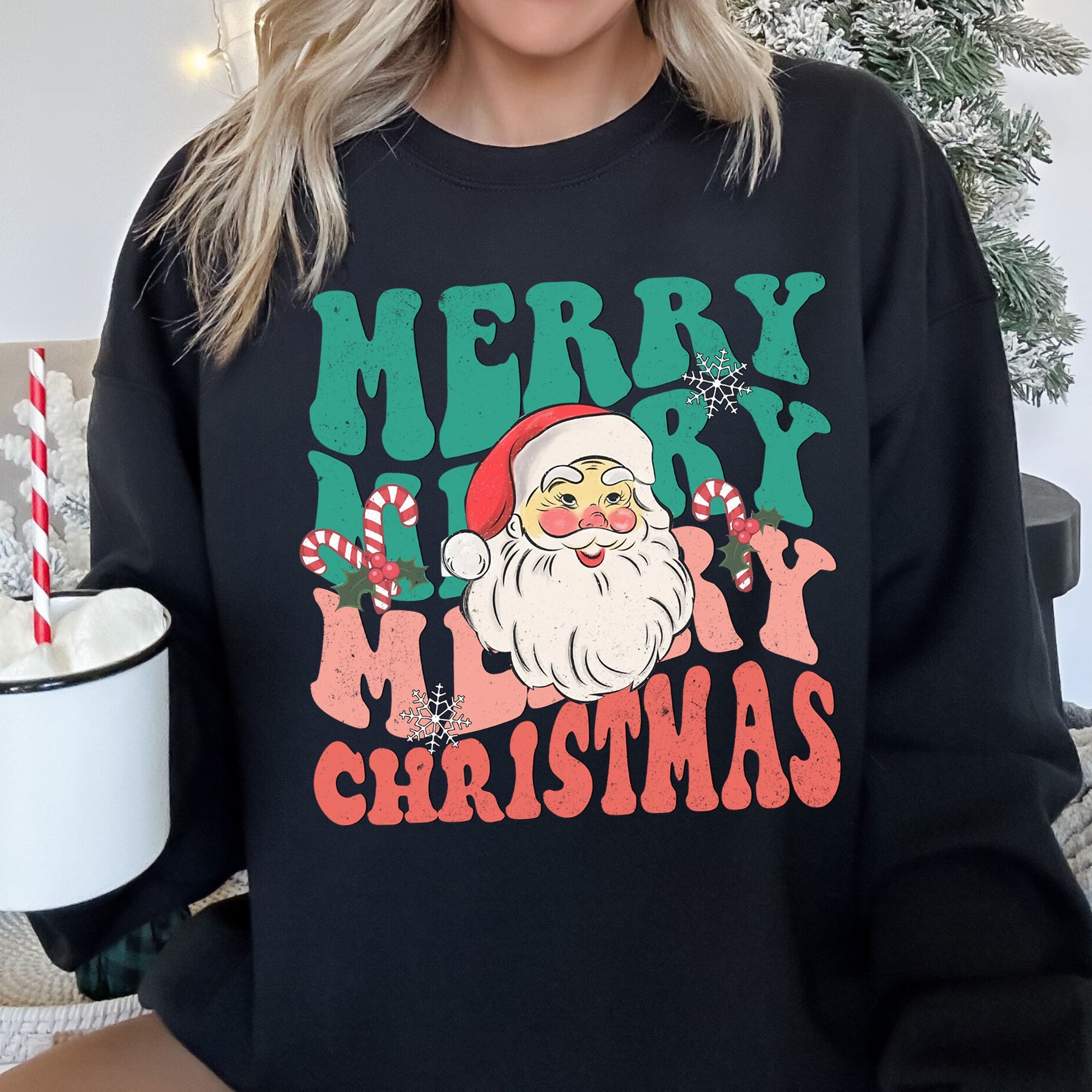 Merry Christmas Retro Santa Cozy Fleece Lined Vintage Graphic Holiday Artwork Series Sweatshirt
