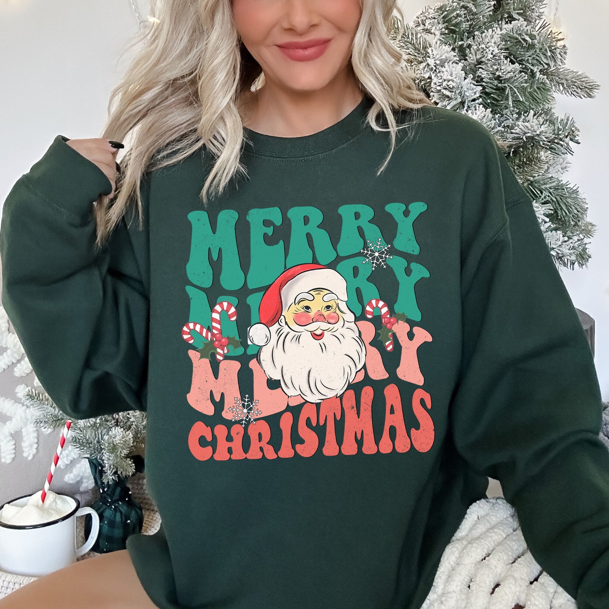Merry Christmas Retro Santa Cozy Fleece Lined Vintage Graphic Holiday Artwork Series Sweatshirt