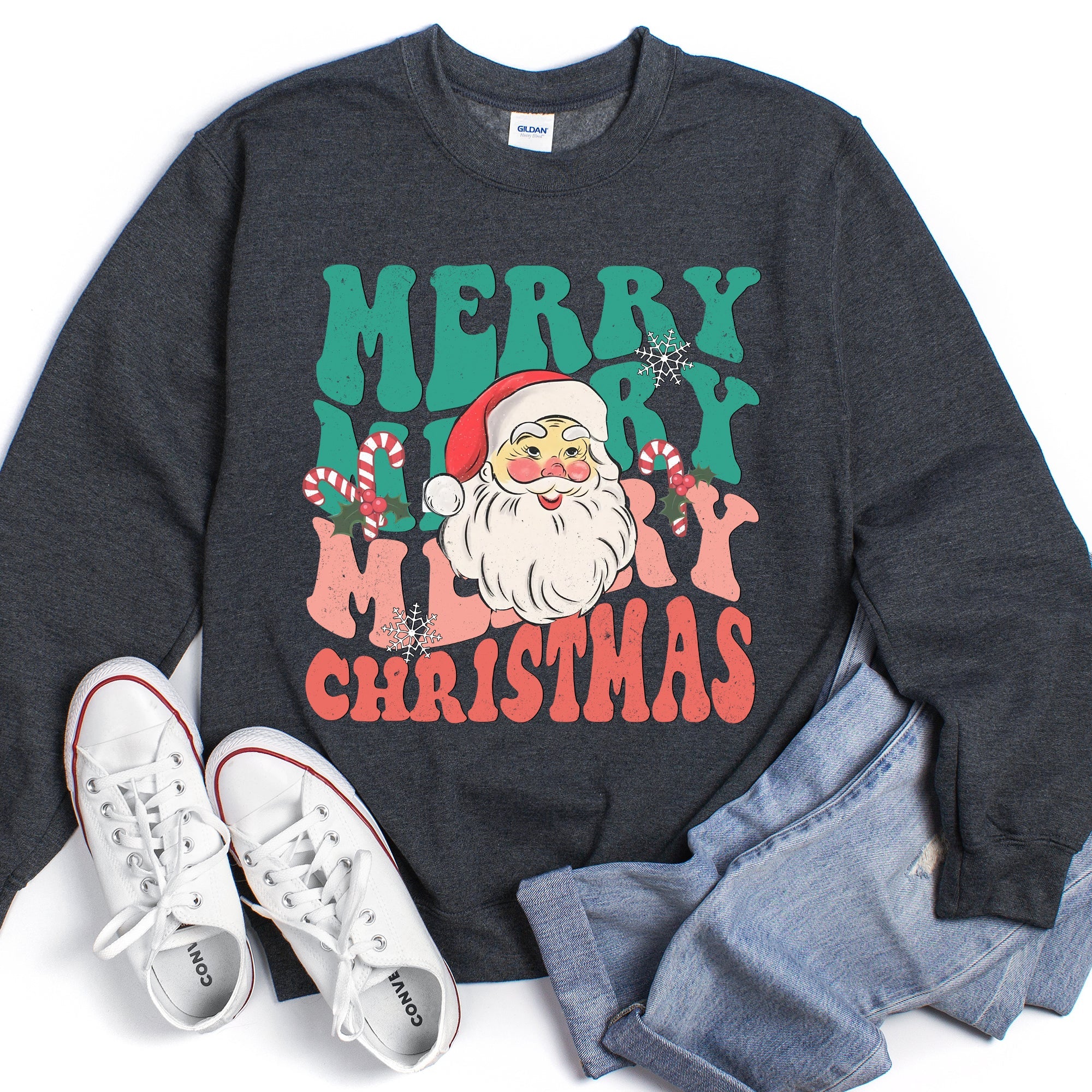 Merry Christmas Retro Santa Cozy Fleece Lined Vintage Graphic Holiday Artwork Series Sweatshirt
