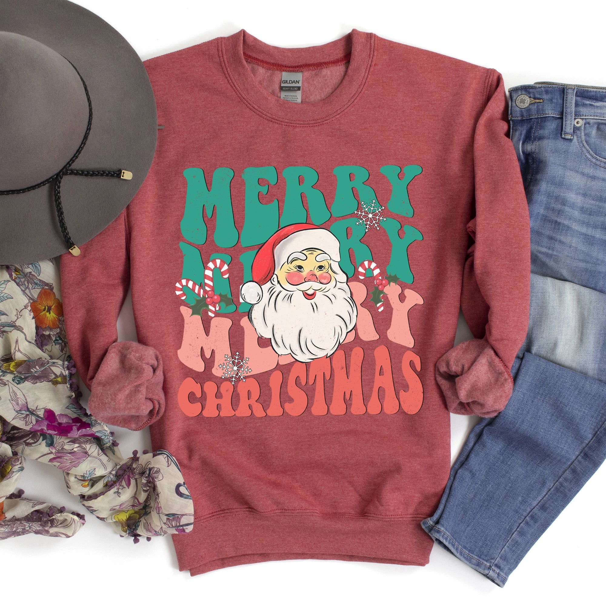 Merry Christmas Retro Santa Cozy Fleece Lined Vintage Graphic Holiday Artwork Series Sweatshirt