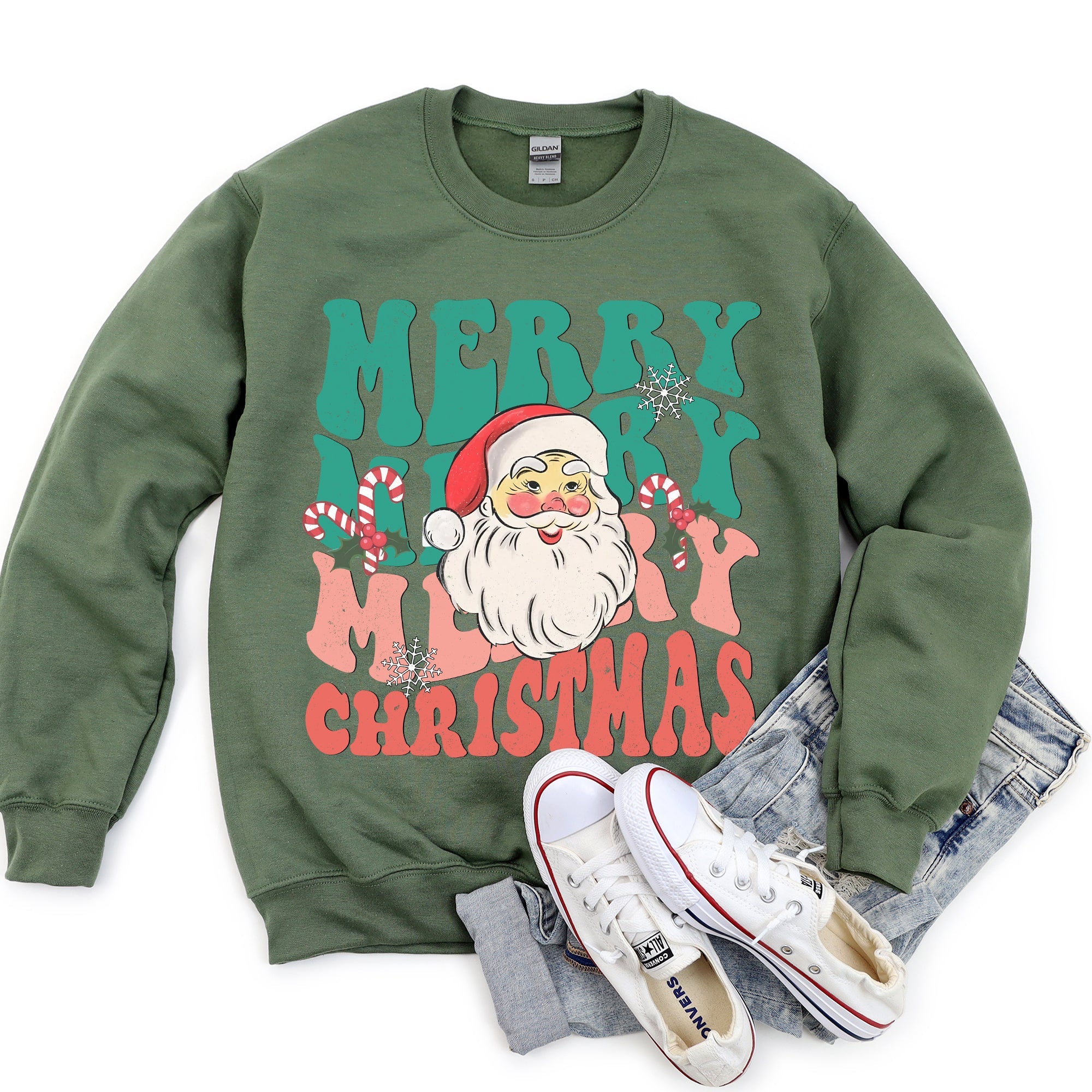 Merry Christmas Retro Santa Cozy Fleece Lined Vintage Graphic Holiday Artwork Series Sweatshirt