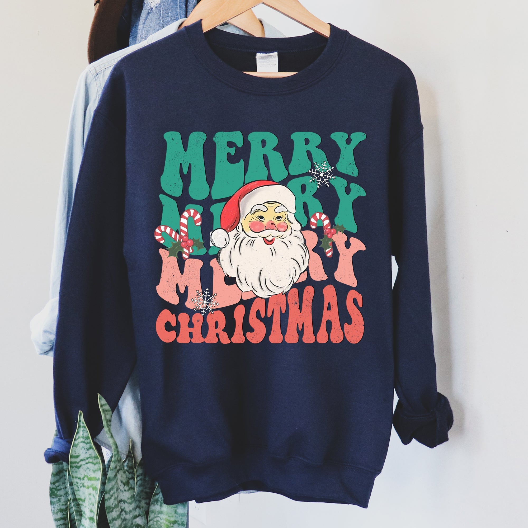 Merry Christmas Retro Santa Cozy Fleece Lined Vintage Graphic Holiday Artwork Series Sweatshirt