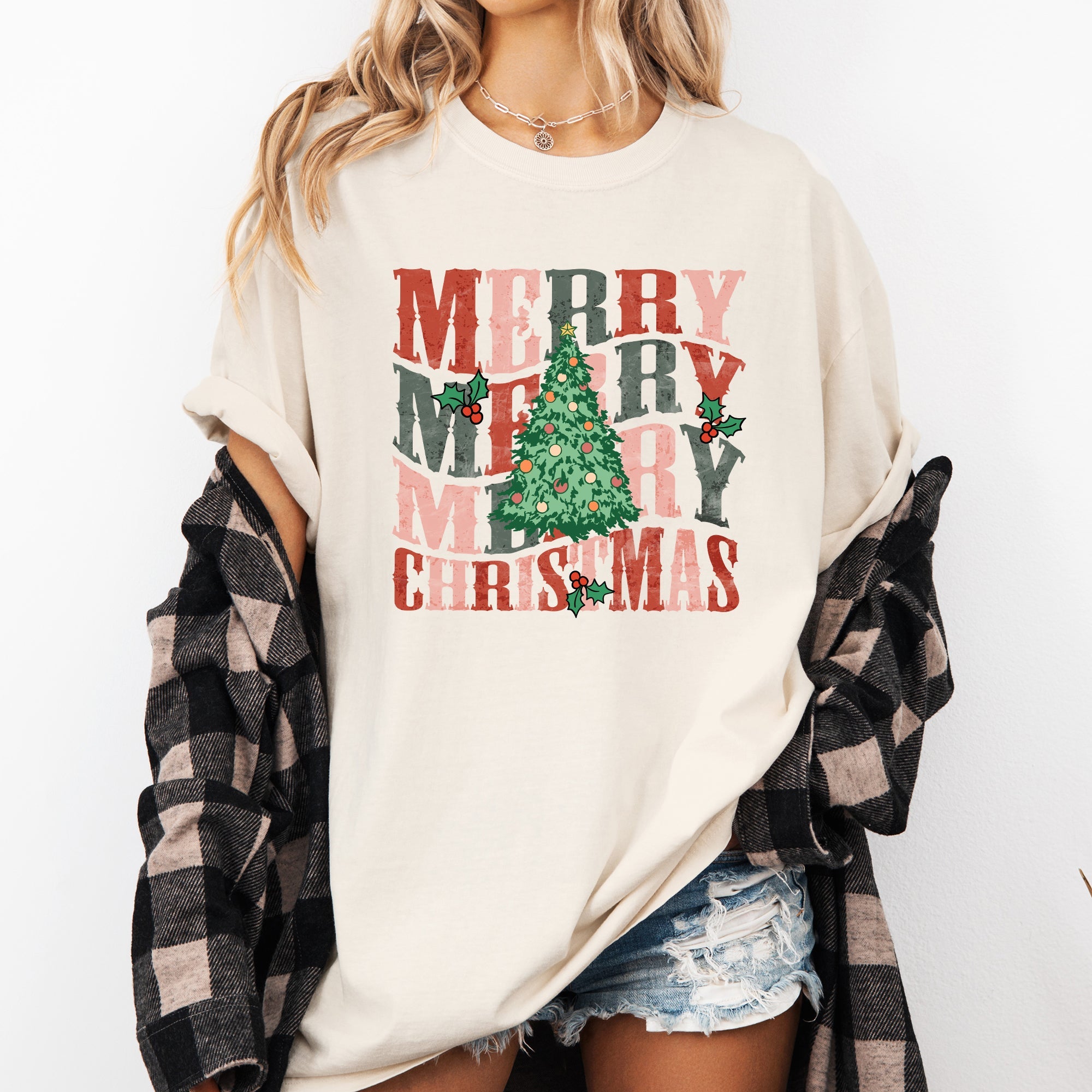 Merry Christmas Retro Tree Holly Santa Winter Xmas Festive Scene Comfort Colors Tee