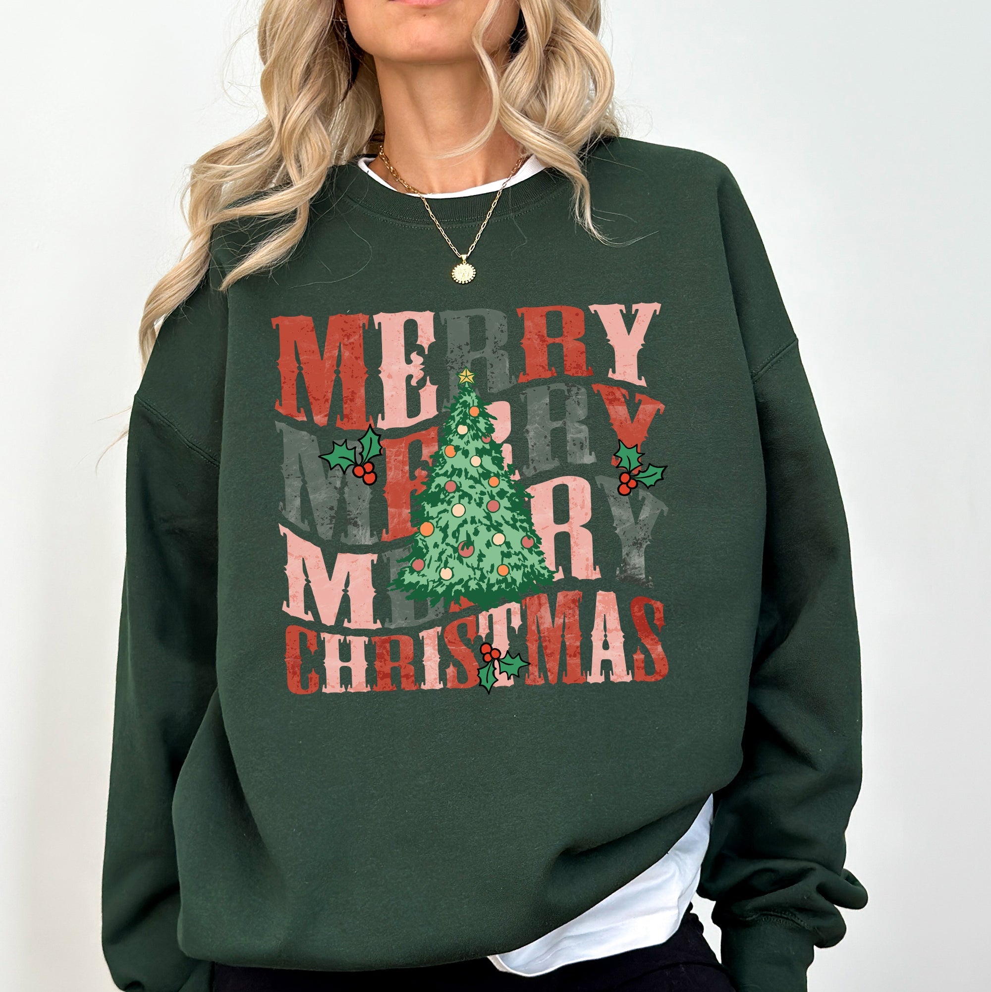 Merry Christmas Retro Tree Holly Santa Winter Xmas Cozy Vintage Holiday Graphic Sweatshirt