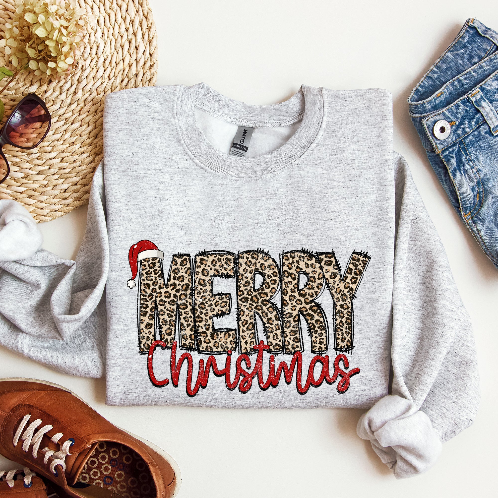Merry Christmas, Retro Leopard Print Cozy Winter Holiday Graphic Festive Season Collection Sweatshirt