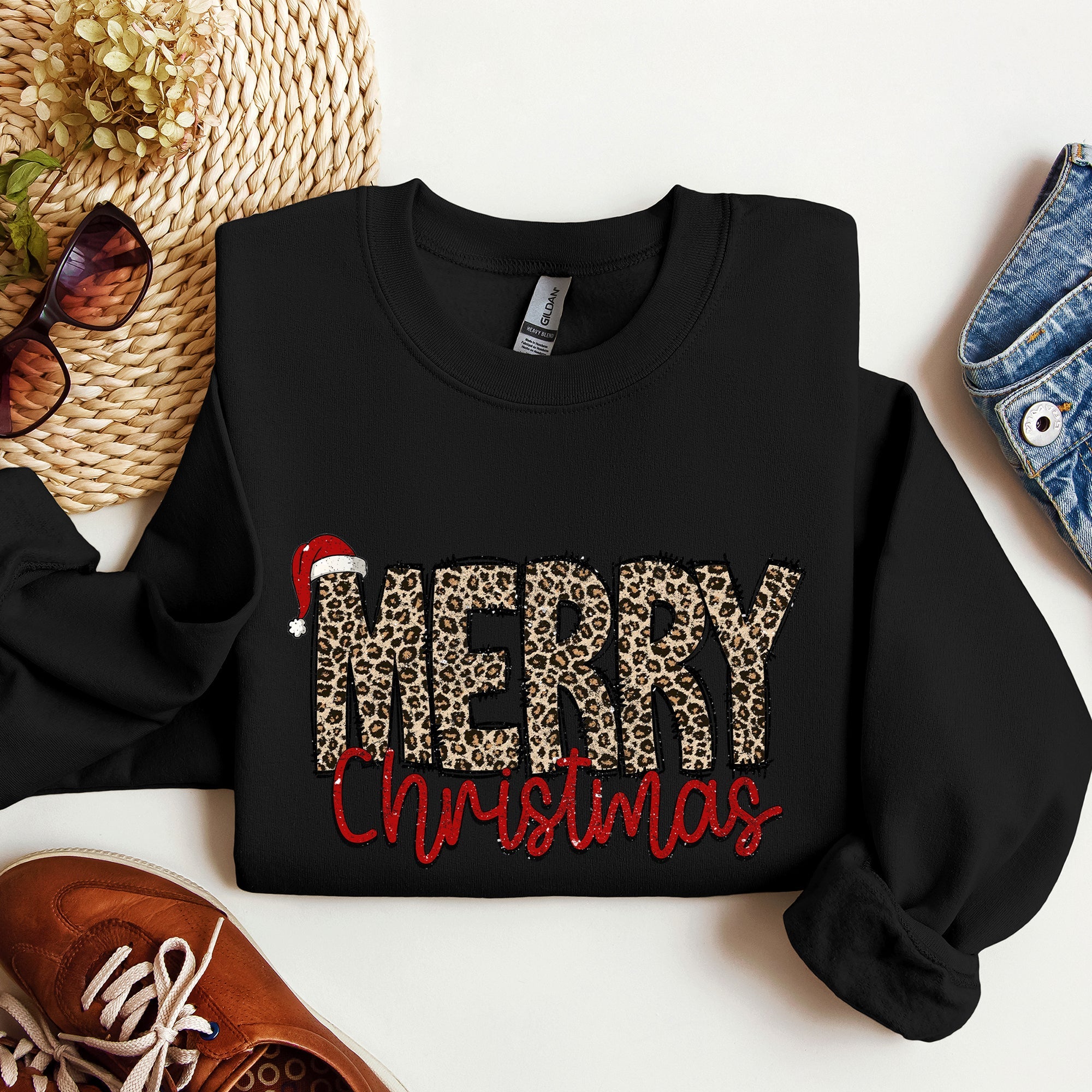Merry Christmas, Retro Leopard Print Cozy Winter Holiday Graphic Festive Season Collection Sweatshirt