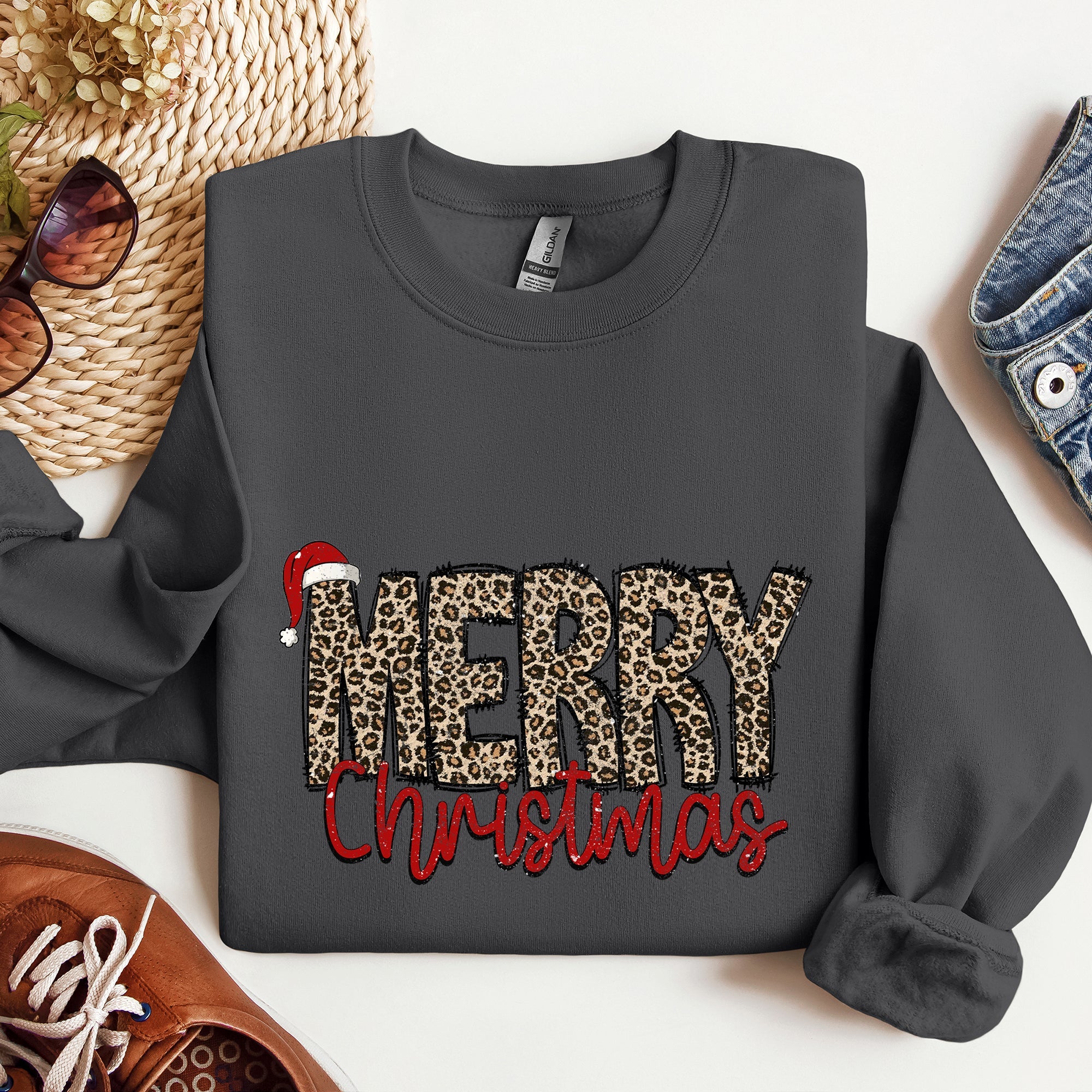Merry Christmas, Retro Leopard Print Cozy Winter Holiday Graphic Festive Season Collection Sweatshirt