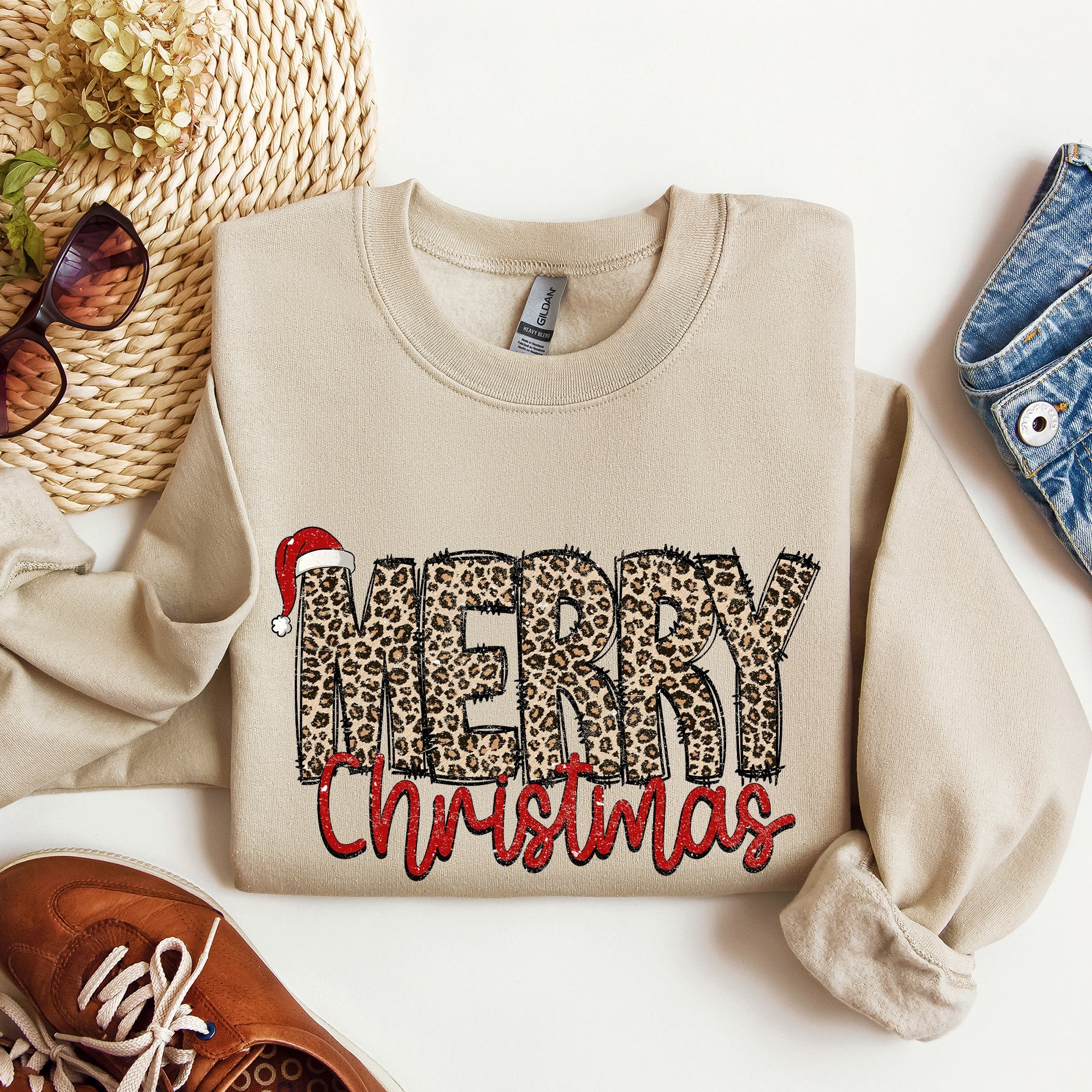 Merry Christmas, Retro Leopard Print Cozy Winter Holiday Graphic Festive Season Collection Sweatshirt