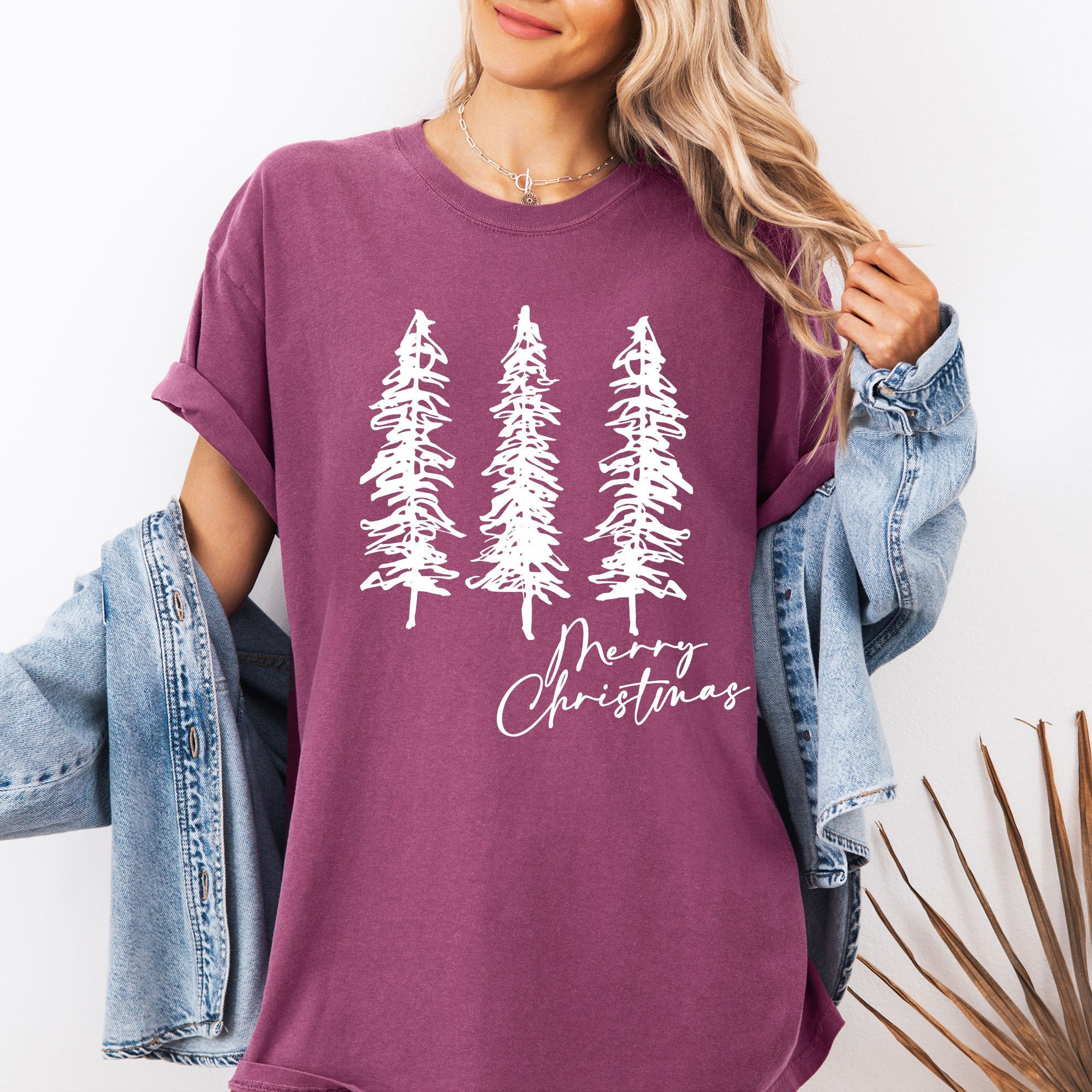 Merry Christmas Sketched Pine Trees Minimalist Winter Snow Scene Comfort Colors Tee