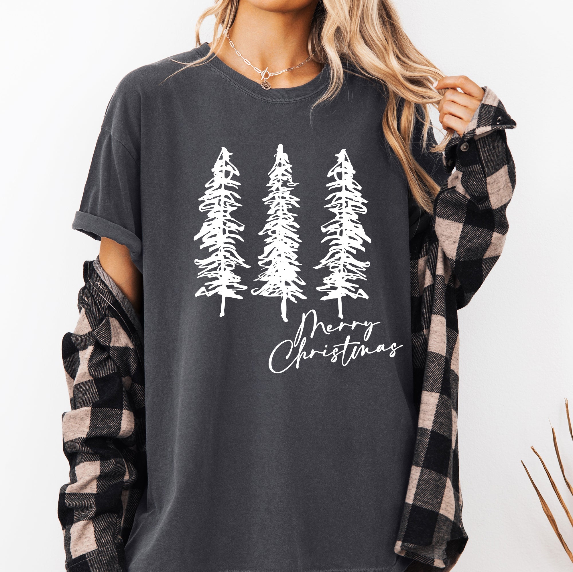 Merry Christmas Sketched Pine Trees Minimalist Winter Snow Scene Comfort Colors Tee