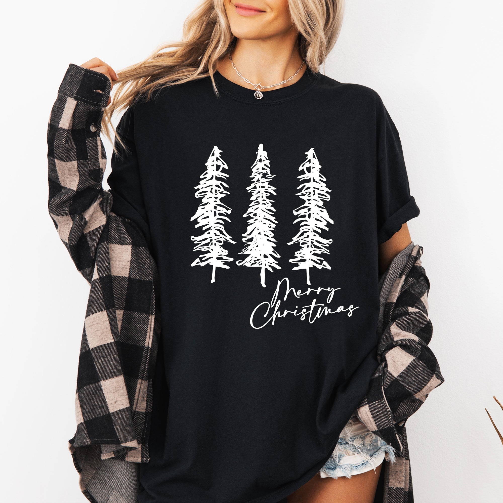 Merry Christmas Sketched Pine Trees Minimalist Winter Snow Scene Comfort Colors Tee