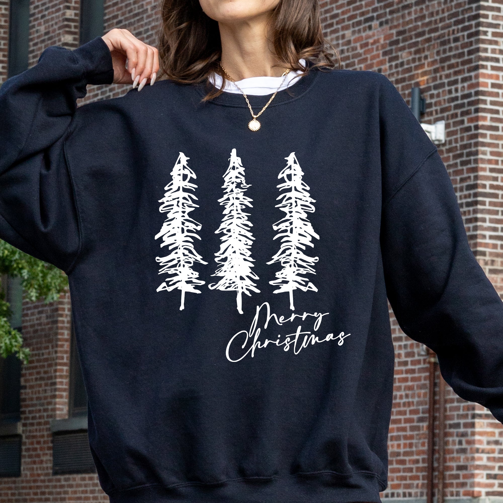 Merry Christmas Sketched Pine Trees Minimalist Winter Snow Xmas Cozy Cotton Blend Sweatshirt