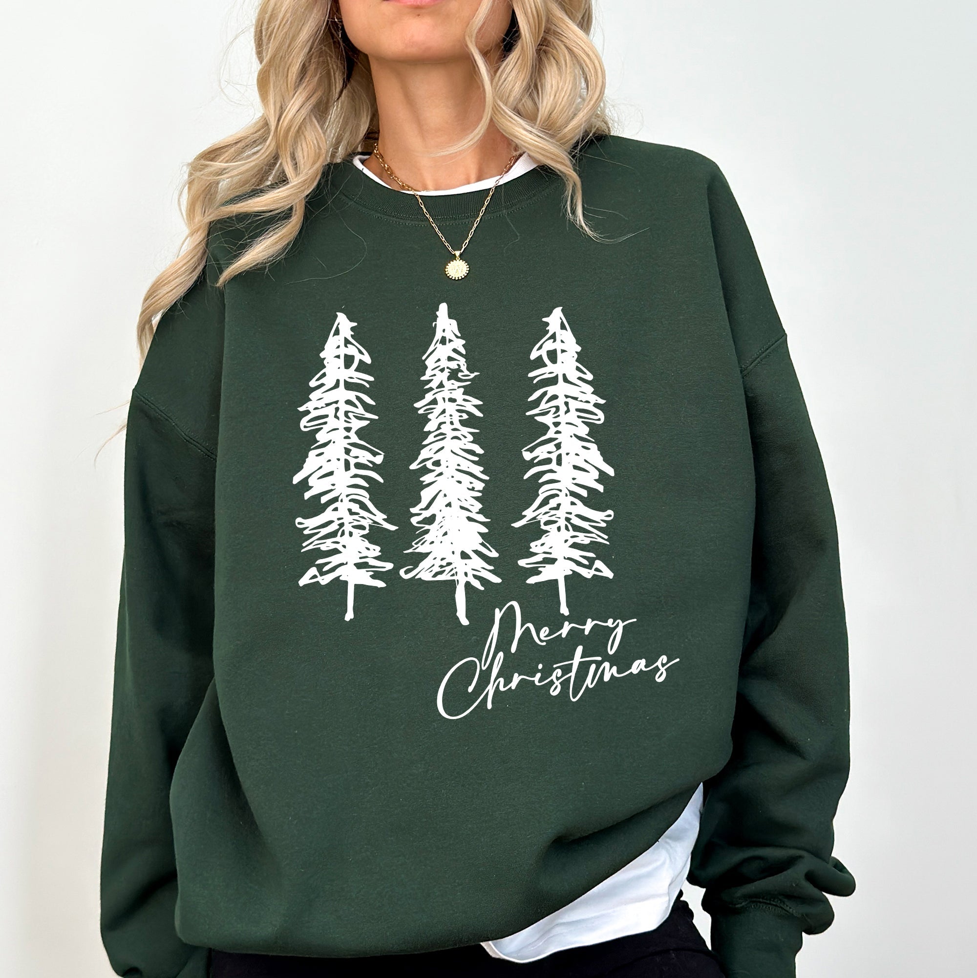 Merry Christmas Sketched Pine Trees Minimalist Winter Snow Xmas Cozy Cotton Blend Sweatshirt