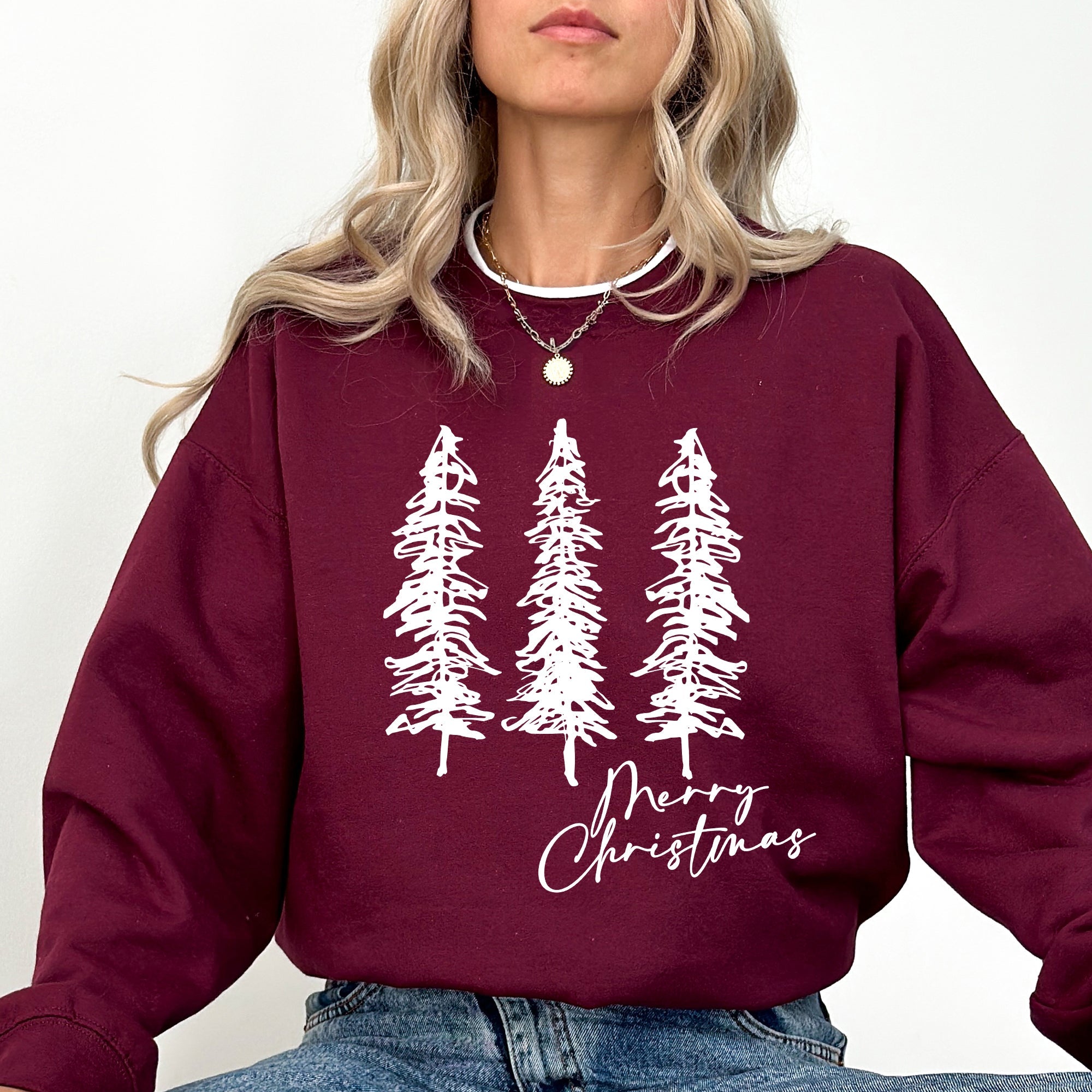 Merry Christmas Sketched Pine Trees Minimalist Winter Snow Xmas Cozy Cotton Blend Sweatshirt