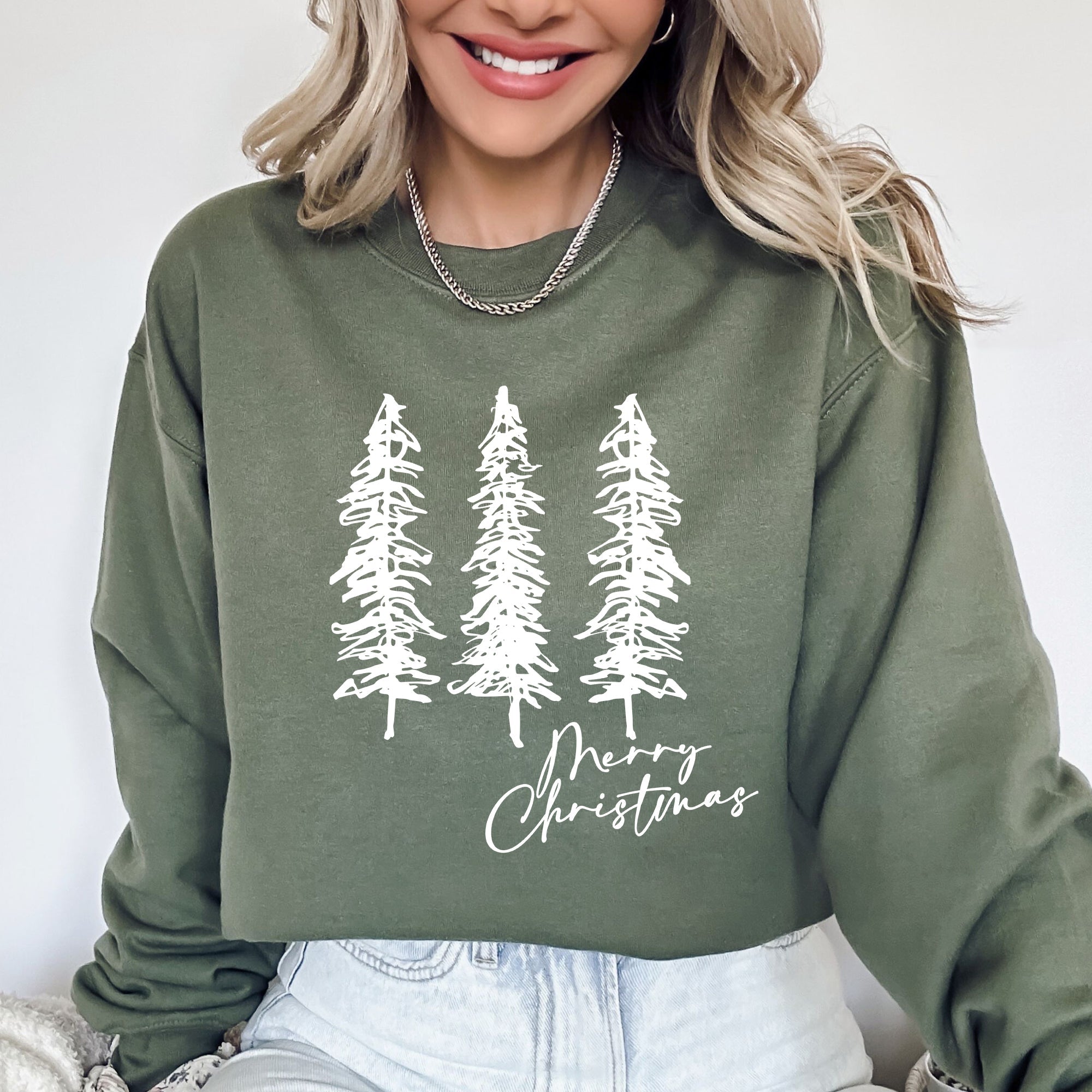Merry Christmas Sketched Pine Trees Minimalist Winter Snow Xmas Cozy Cotton Blend Sweatshirt