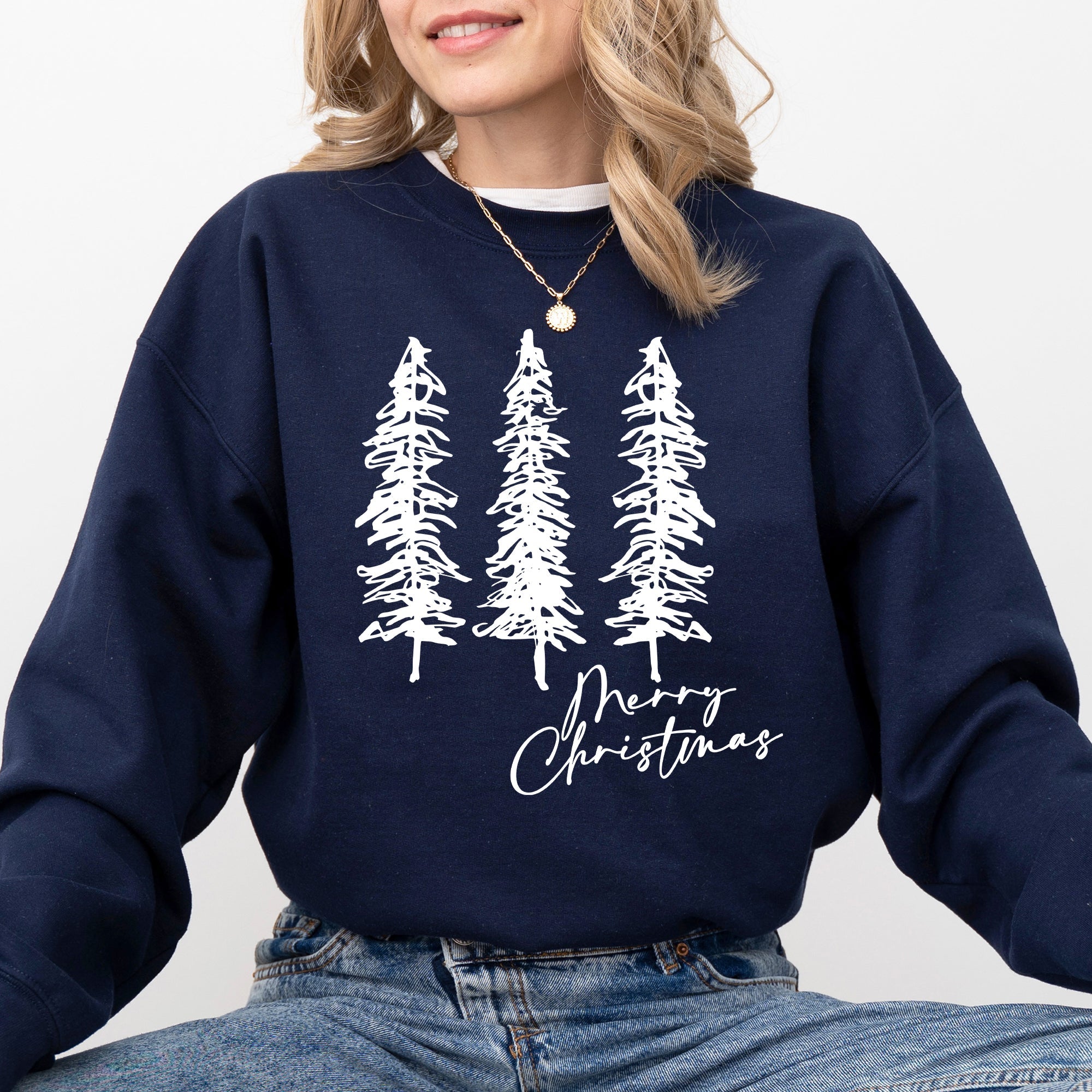 Merry Christmas Sketched Pine Trees Minimalist Winter Snow Xmas Cozy Cotton Blend Sweatshirt